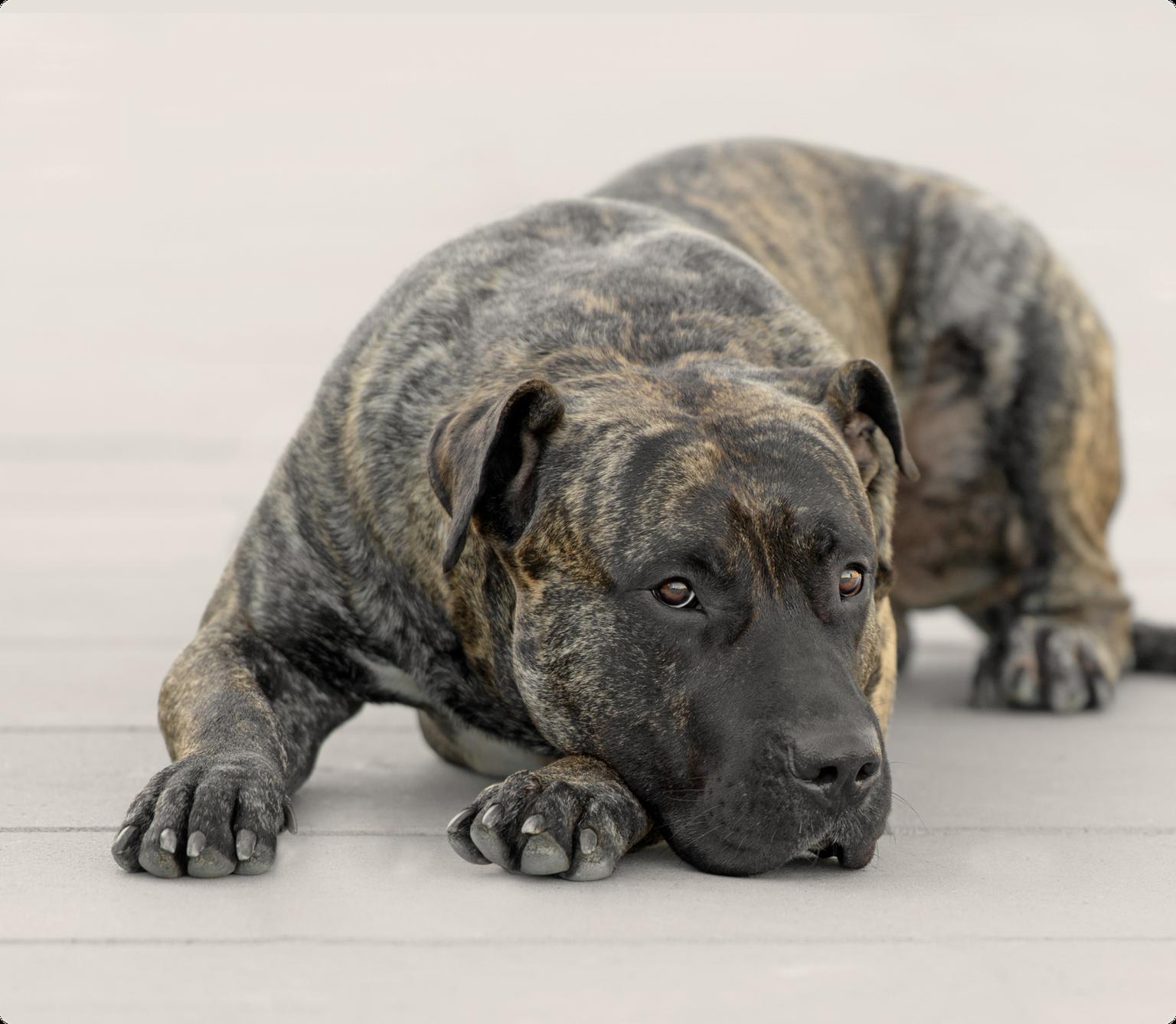 Presa Canario lying on the floor looking into the camera
