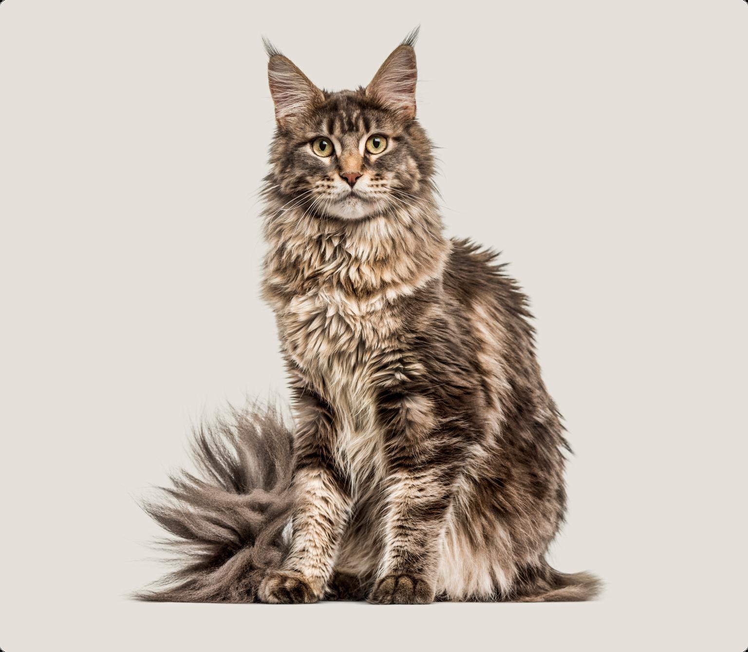 A majestic Maine Coon cat sits regally, its fluffy tufted ears and long, lush fur creating a wild yet sophisticated look, set against a cream colored background.