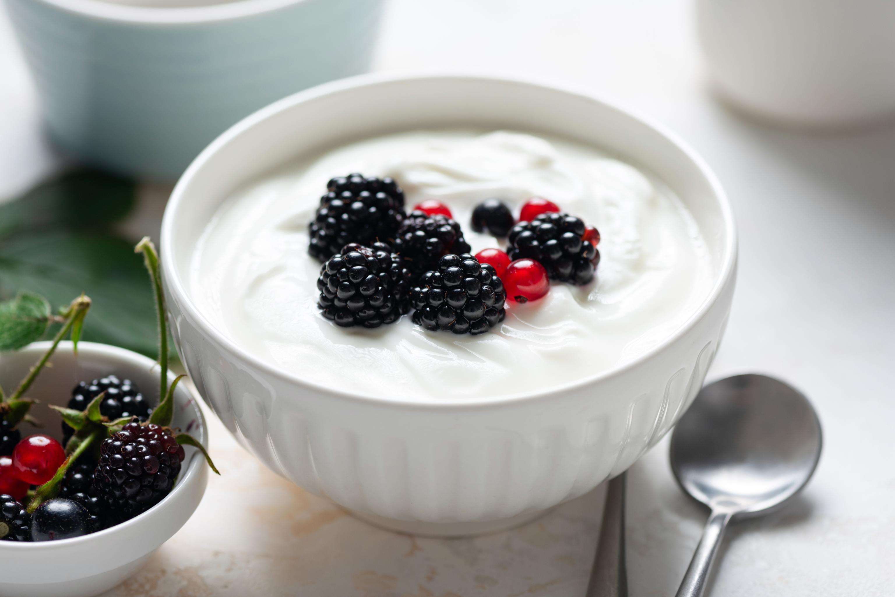 A close-up of a bowl of yoghurt in a white bowl with raspberries and redberries