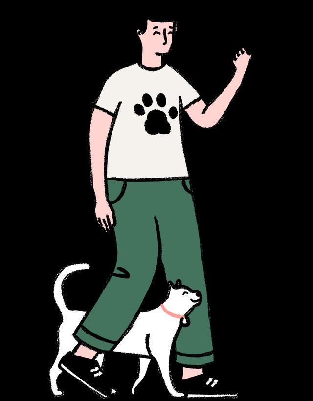 Illustration, Man standing with phone in hand. Pet cat under his legs