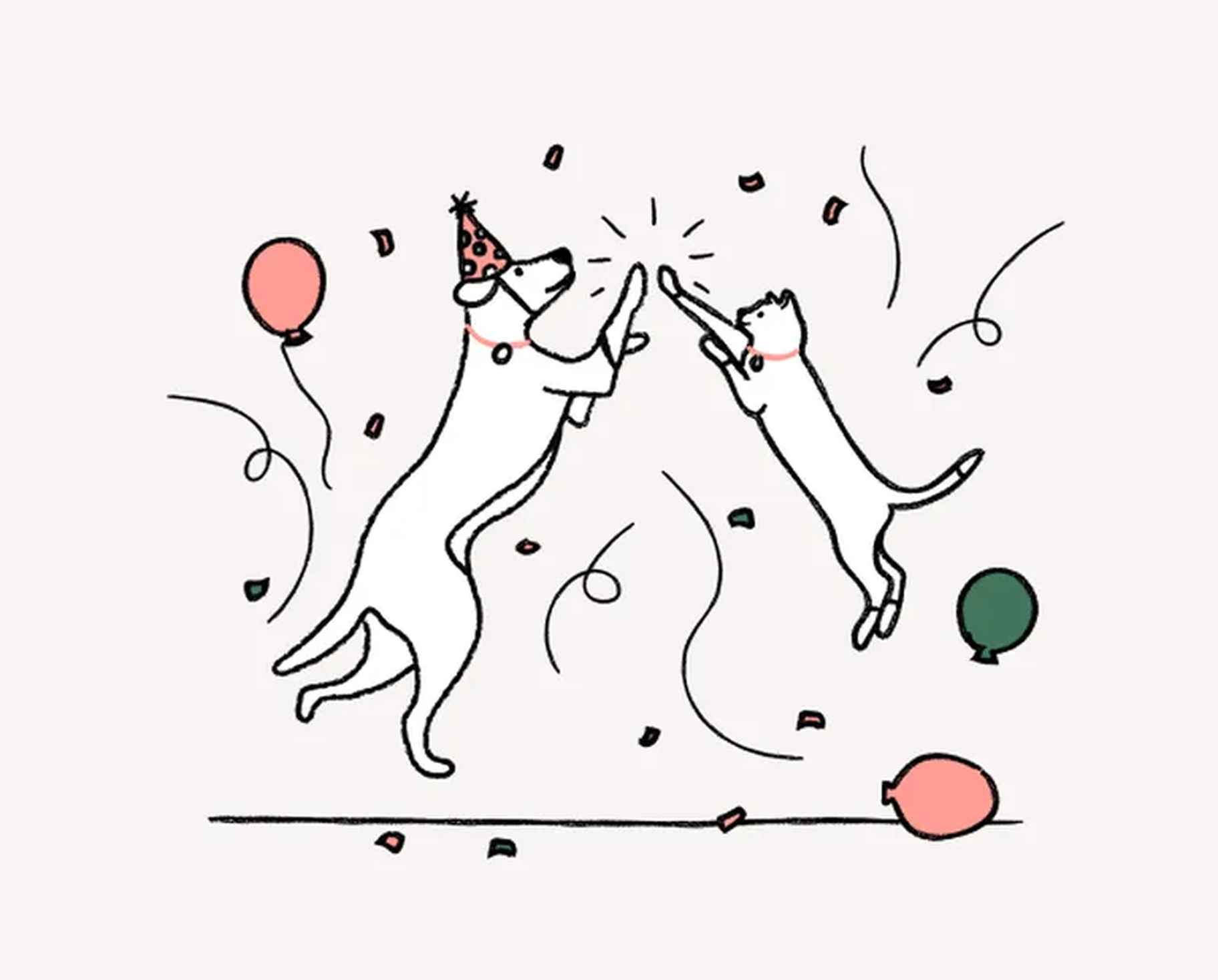 Cartoon dog and cat wearing party hats, playfully high-fiving amidst colorful balloons and confetti.