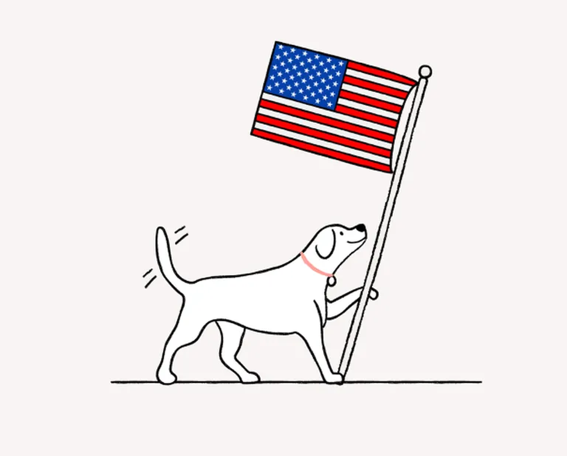Illustration of a dog holding and walking with a U.S. flag on a pole, wagging its tail.