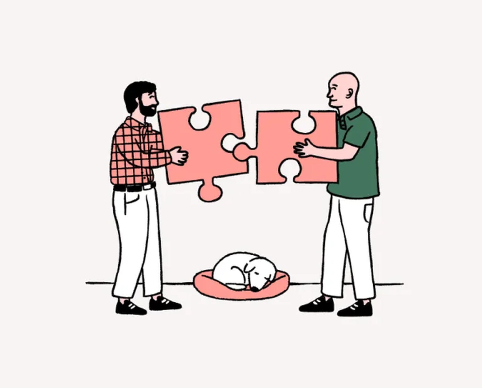 Two people fitting large puzzle pieces together over a sleeping dog in a bed.