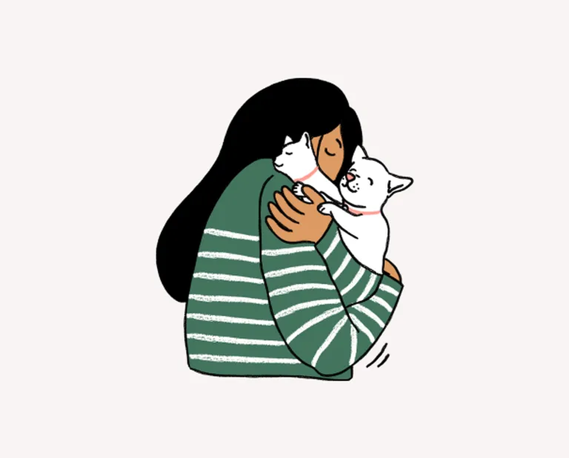 Illustration of a person in a green striped sweater hugging two white puppies, with a light pink background.