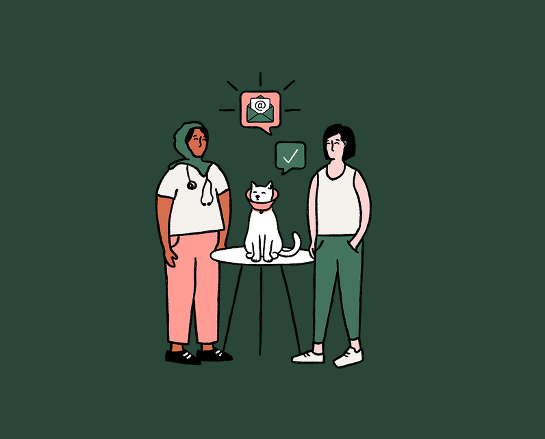 A person with a stethoscope and another person stand by a cat on a table.