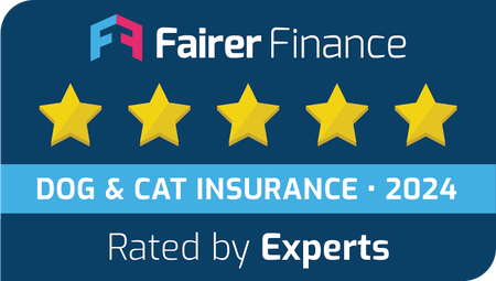 An_award_logo_from_Fairer_Finance_showing_five_stars_for_dog_and_cat_insurance_2024