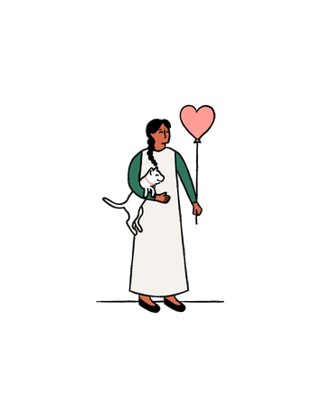 Person in a long dress holding a dog, with a pink heart above, on a black background.