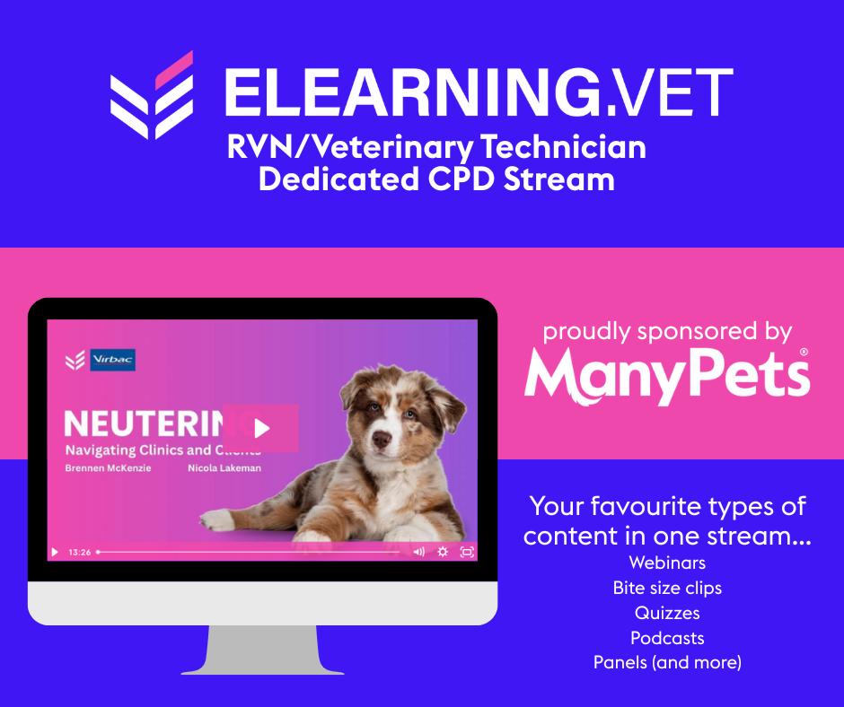 A computer screen shows a veterinary e-learning course with a puppy image.