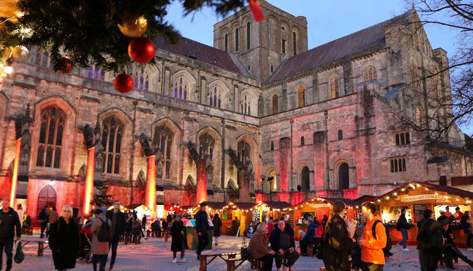 Image of Winchester Cathedral during a Christmas market