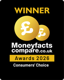 Award badge featuring "Winner" text, two gold coins with pound symbols, and "Moneyfactscompare.co.uk Awards 2026 Consumers’ Choice" text.