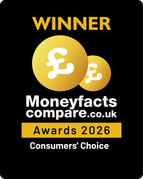 Award badge featuring "Winner" text, two gold coins with pound symbols, and "Moneyfactscompare.co.uk Awards 2026 Consumers’ Choice" text.