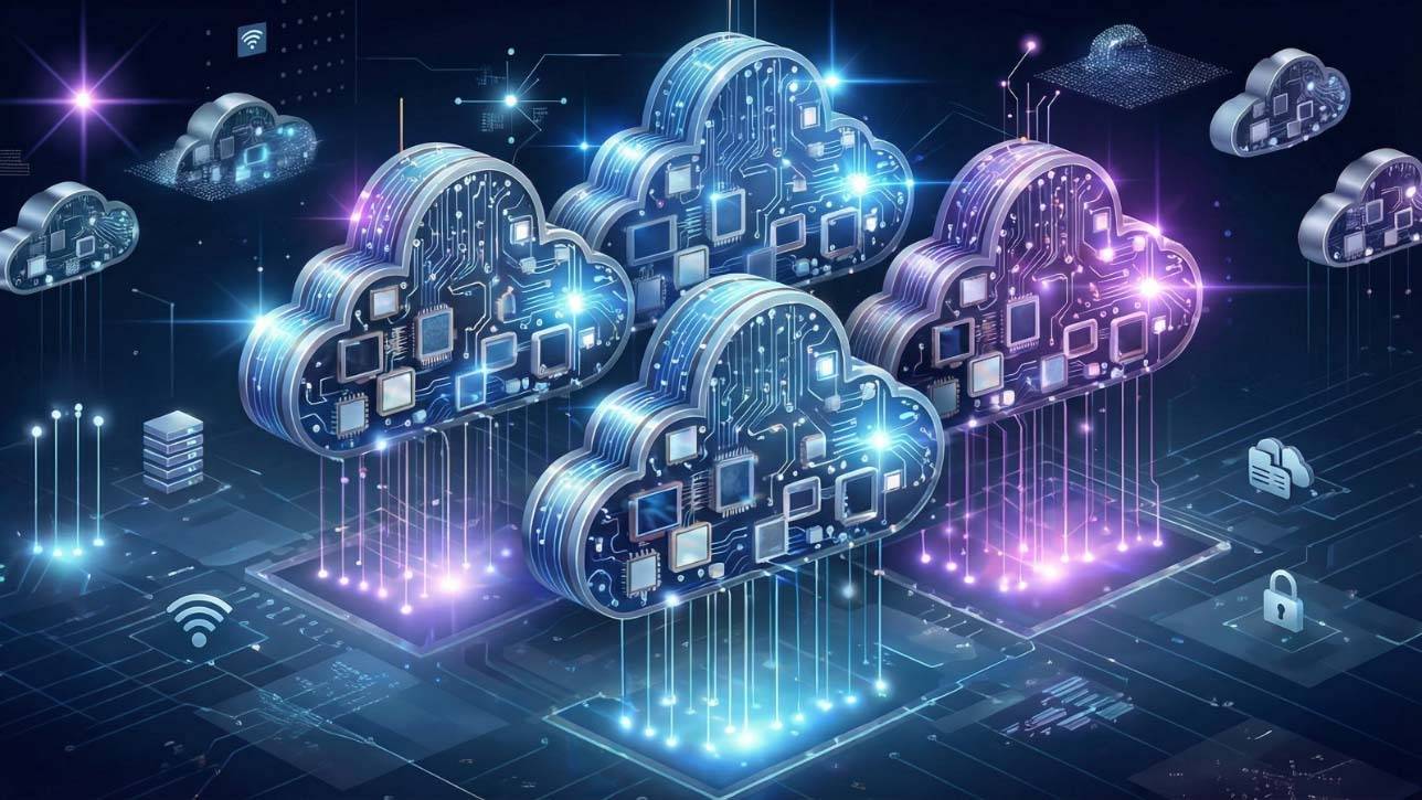 Digital clouds with circuits and connecting lines, symbolizing cloud computing and technology, on a dark futuristic background.