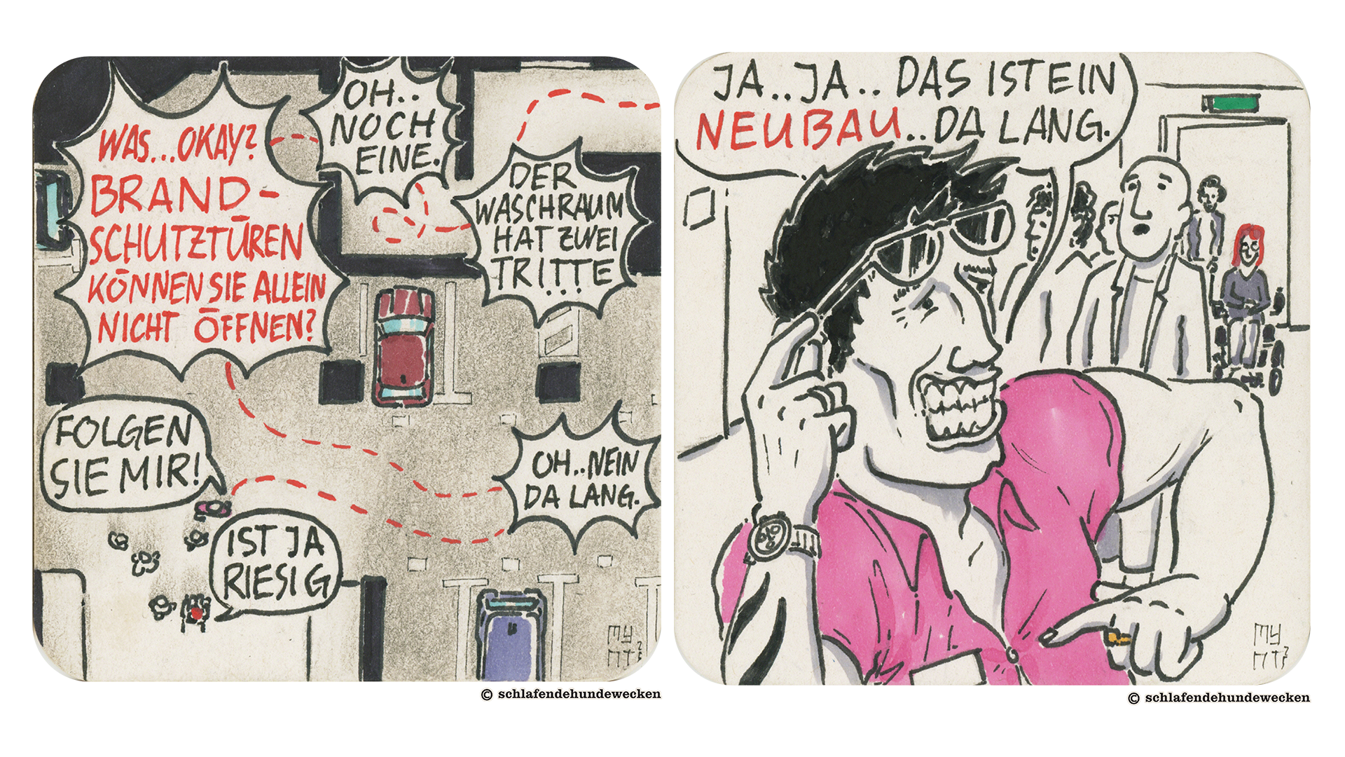 5.	Ansicht von oben auf die Tiefgarage: Die rote Markierung des Weges zur Wohnung schlängelt sich an Autos und mehreren Brandschutztüren vorbei. Diese sind für Personen im Rollstuhl nicht zugänglich. Auch zur Waschküche gibt es zwei Treppenstufen. Einmal verirrt sich der Makler und der Verlauf der rot gestrichelten Markierungslinie wendet. 6.	Der Makler sagt mit aufschneiderischer Mimik zu den Wohnungsbesichtigenden, dass es ein Neubau sei.