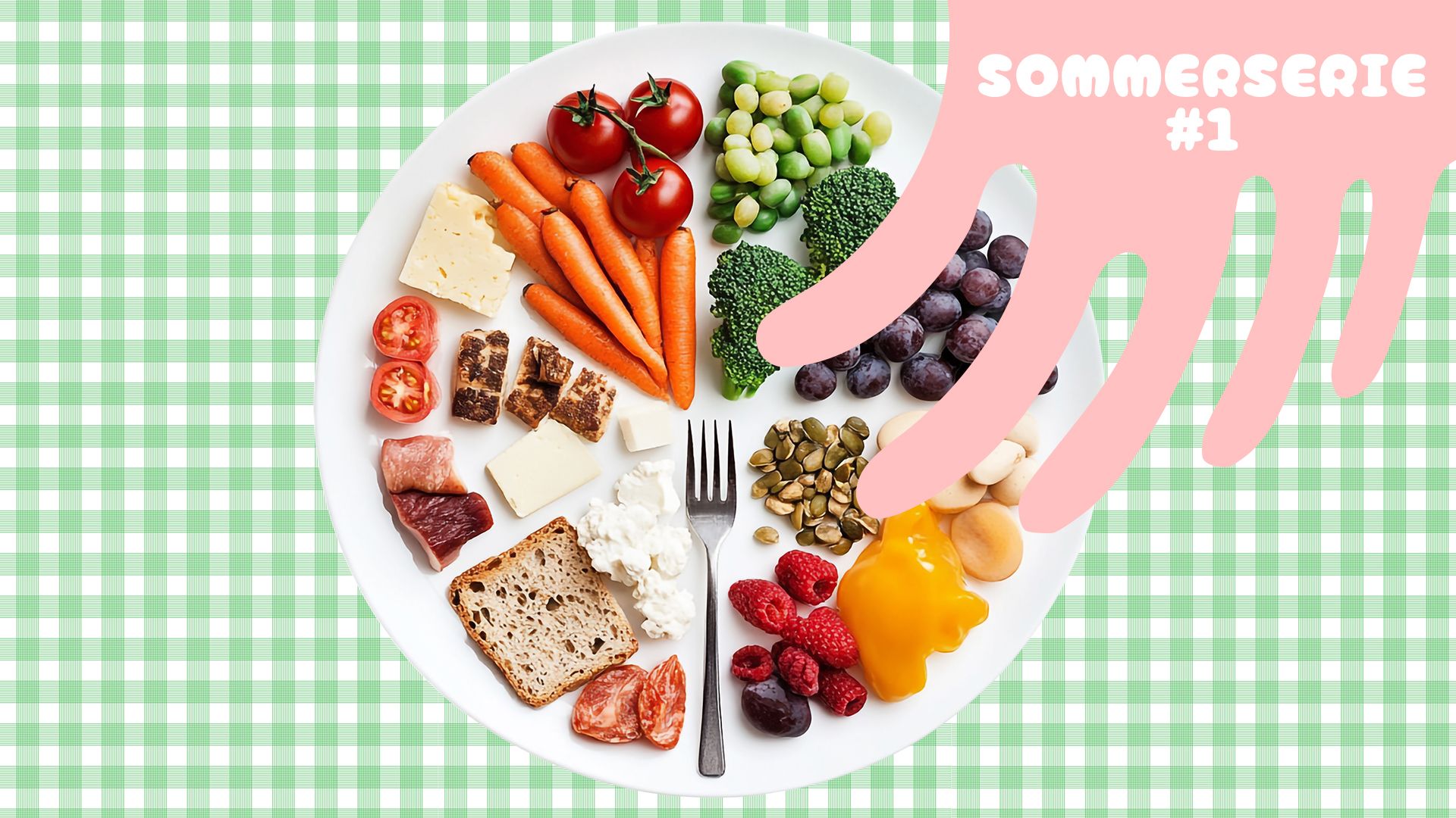Bildcollage. Ein Teller mit buntem, feinsäuberlich geordnetem Essen: Möhren, Tomaten, Brokkoli, Trauben, Brot, Käse – jeweils zusammen und in den Kategorien (Gemüse, Früchte, Milchprodukte). Der weisse Teller steht auf einem Grünkarierten Tischtuch. Oben rechts steht: Sommerserie Nummer 1.