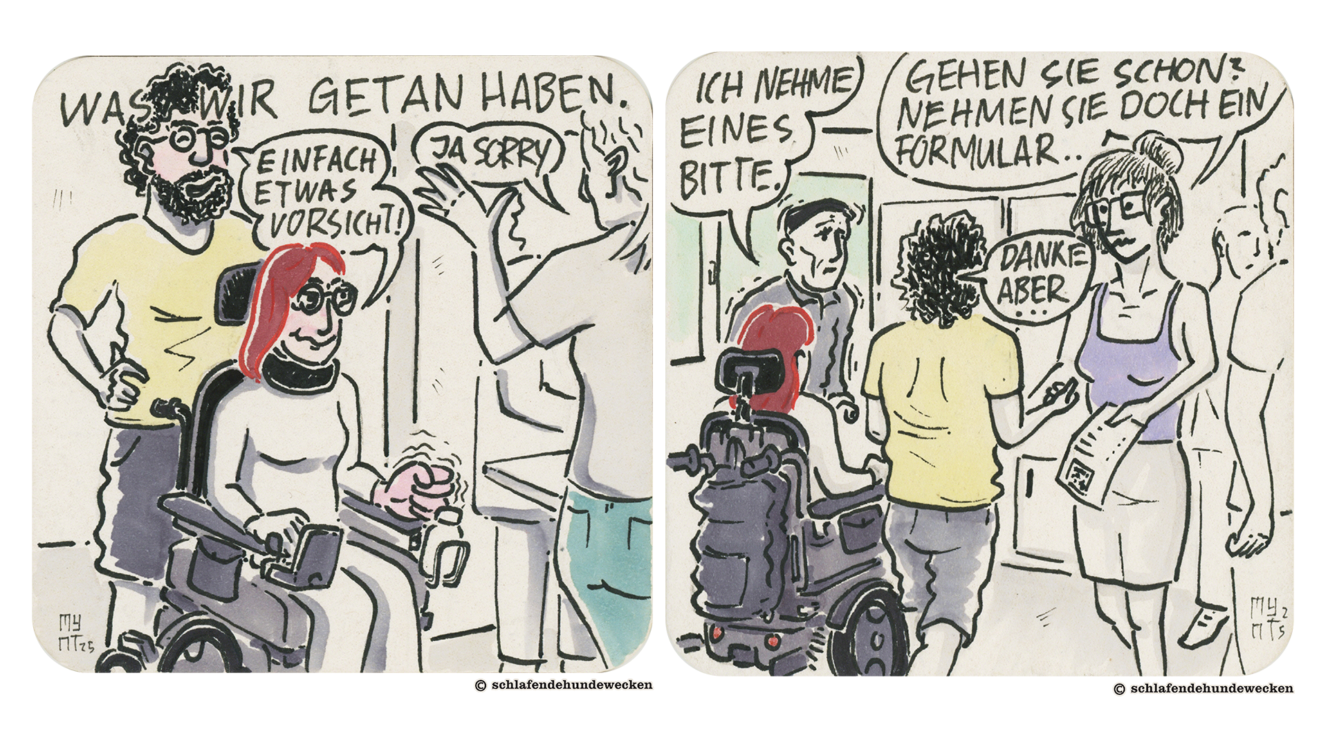 5. Im Schriftzug steht: «Was wir getan haben.» Im Bild lächeln die beiden ganz verkrampft und sagen zur einen Wohnungsbesuchenden: «Einfach etwas Vorsicht!» Die Antwort darauf: «Ja sorry.» 6. Eine Person mit Brille und Dutt in der Wohnung sagt: «Gehen Sie schon? Nehmen Sie doch ein Formular.» Valentin lehnt dankend ab, da meldet sich ein älterer Mann zu Wort: «Ich nehme eines bitte.»
