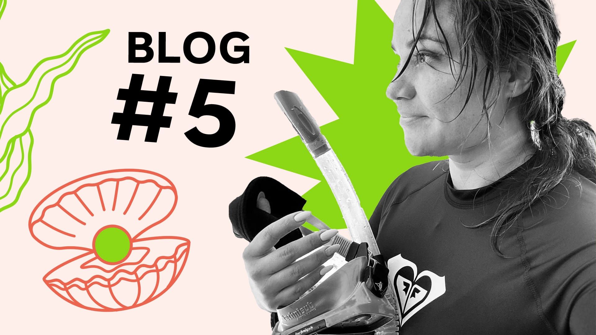 Collage: Silvia Jauch hält eine Schwimmbrille mit Schnorchel. Sie trägt einen Neoprenanzug. Man sieht ihren Oberkörper und die nassen Haare. Links im Bild steht "Blog Nummer 5" und es hat eine Illustration einer Perle in einer Muschel.
