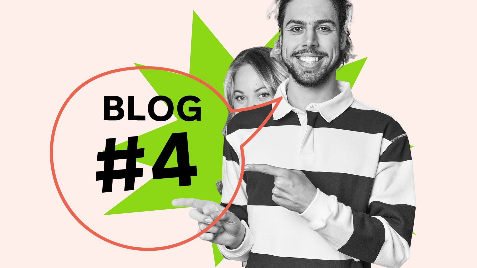 Collage: ein Foto eines Mannes der mit beiden Händen auf den Schriftzug Blog Nummer 4 zeigt. Er lacht zur Betrachter:in. Der Schriftzug ist ebenfalls in eine gezeichneten Sprechblase eingefasst. Hinter dem Mann lugt Silvia Jauch hervor, sie wird aber vom Mann fast ganz verdeckt.
