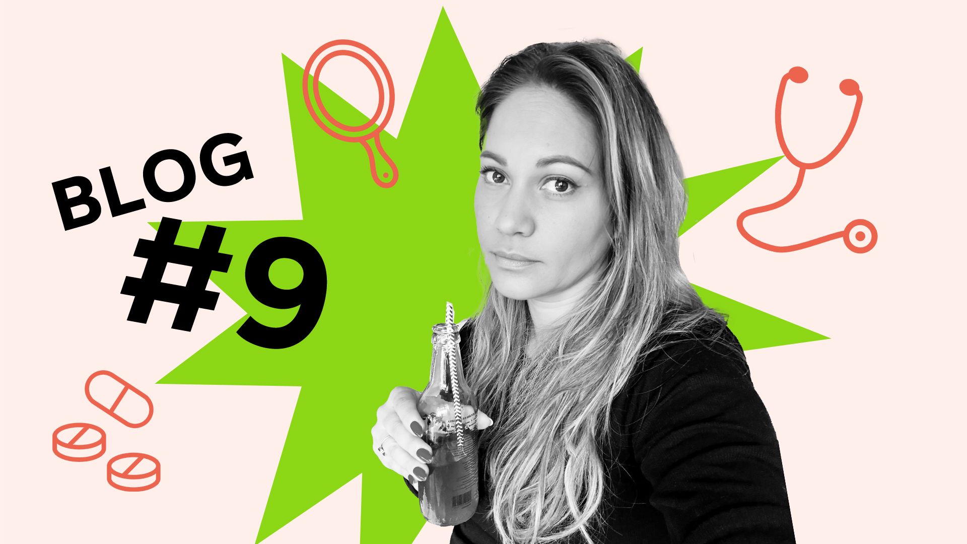 Collage: Silvia Jauch in Graustufen schaut resigniert in die Kamera. In der rechten Hand hält sie ein Getränk mit Strohhalm. Links von ihr in schwarzer Schrift steht Blog Nummer 9. 3 Illustrationen (Handspiegel, Pillen und ein Stetoskop) sind um sie herum verteilt.