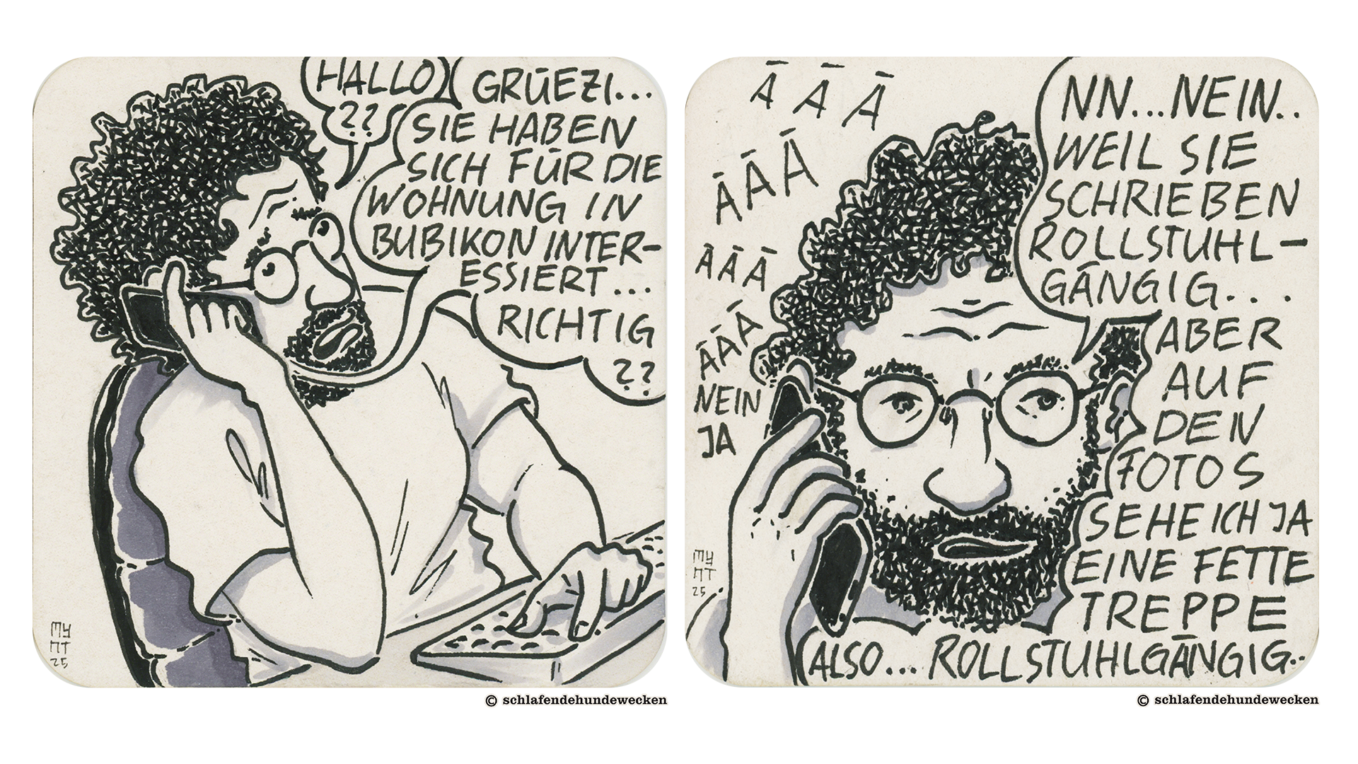 5. Valentin telefoniert. Er wird gefragt, ob er sich für die Wohnung in Bubikon interessiert hat. 6. Valentin erklärt am Telefon, dass sie im Inserat rollstuhlgängig geschrieben haben. Aber auf den Fotos ist eine grosse Treppe zu sehen.