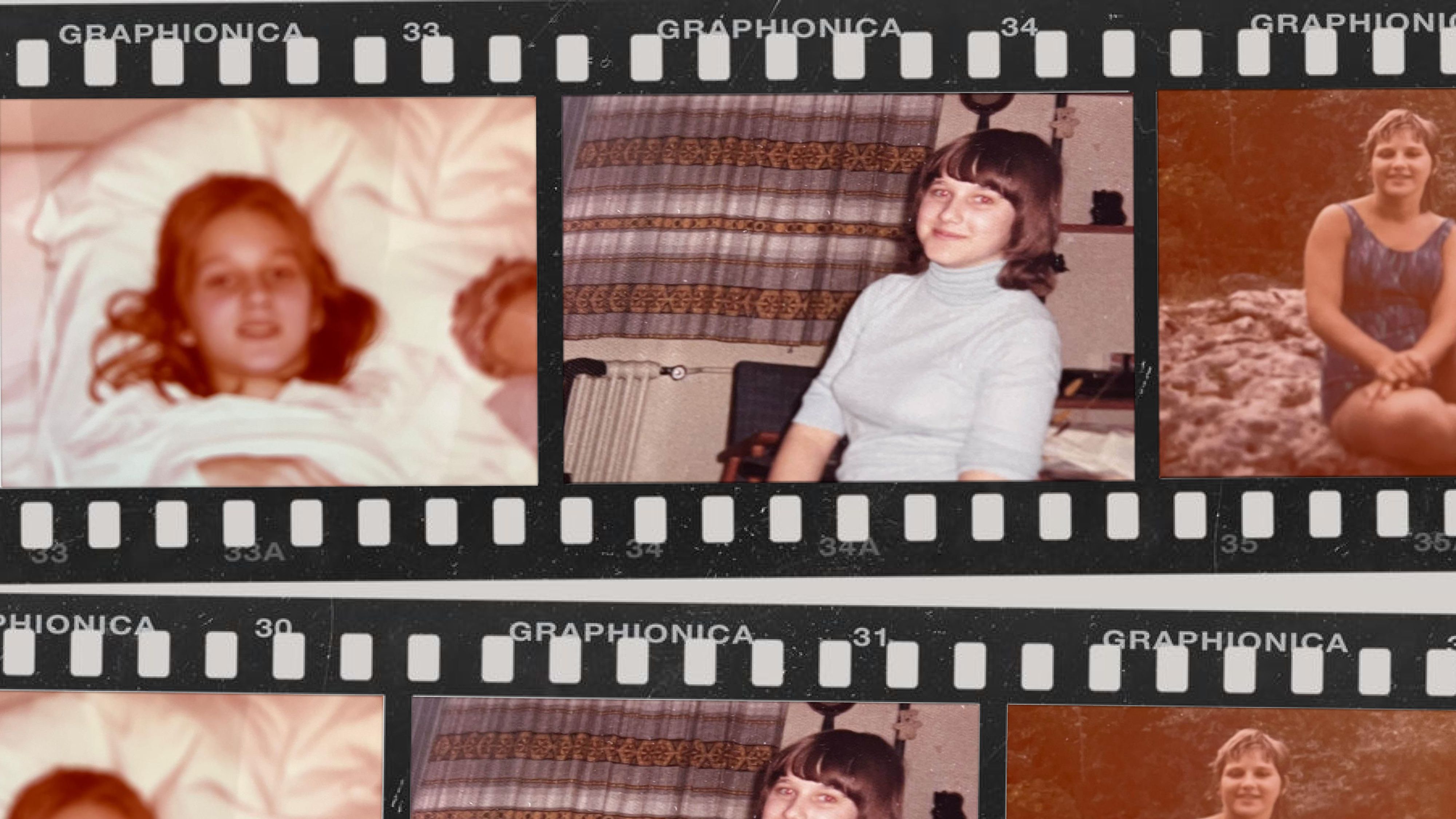 Eine alte Filmrolle auf weissem Hintergrund. Die drei Bilder zeigen Dora Bigler als Kind und junge Erwachsene.