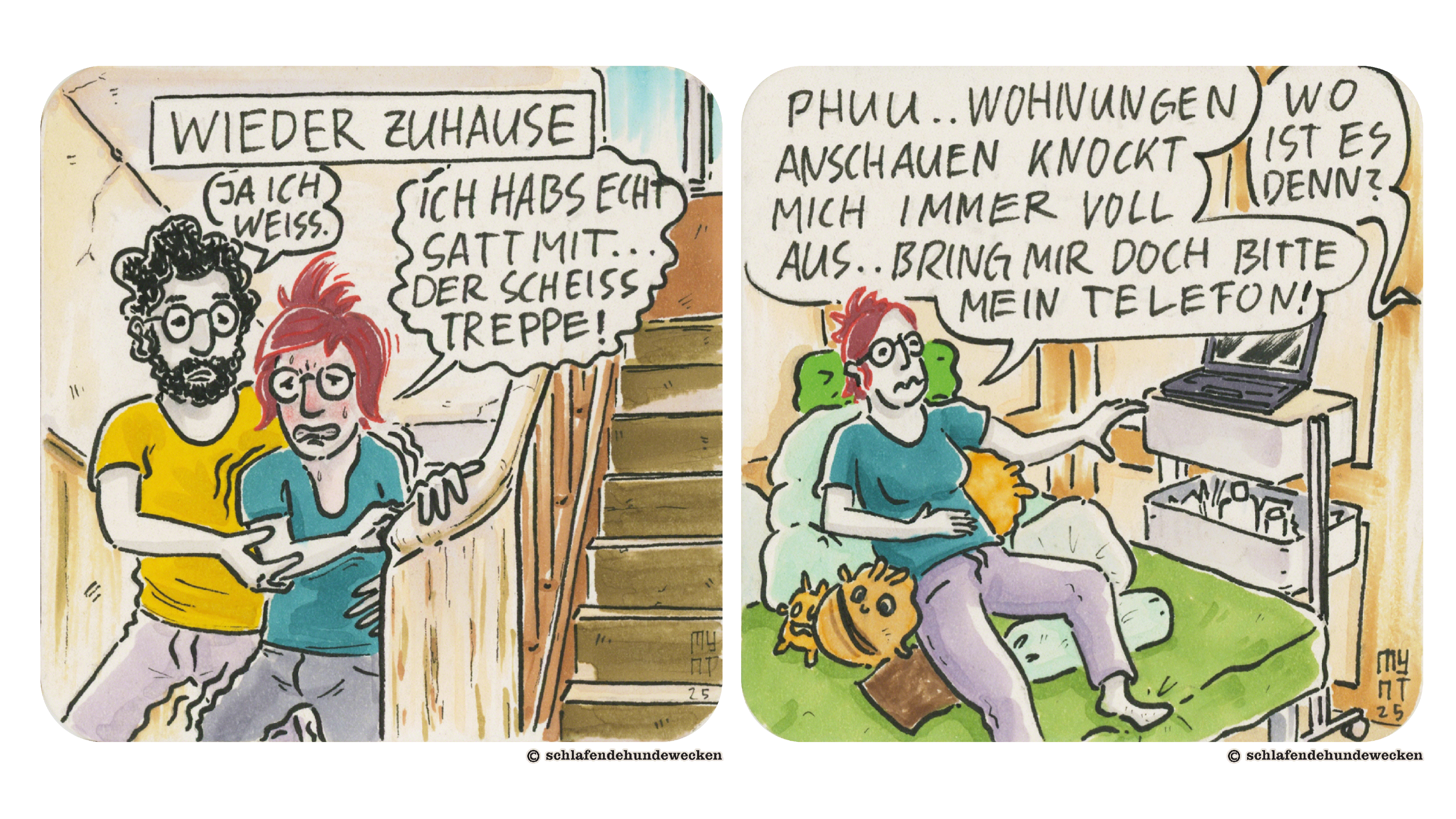 5.	Schriftzug: Wieder zu Hause. Jasmin verzieht ihr Gesicht vor Schmerzen: «Ich hab’s echt satt mit der Scheiss Treppe!» Valentin Antwortet mitfühlend: «Ja ich weiss.» 6.	Jasmin liegt erschöpft auf der Couch und sagt: «Phuu Wohnungen anschauen knockt mich immer voll aus. Bring mir doch bitte mein Telefon!» Valentin antwortet aus einem anderen Zimmer: «Wo ist es denn?»
