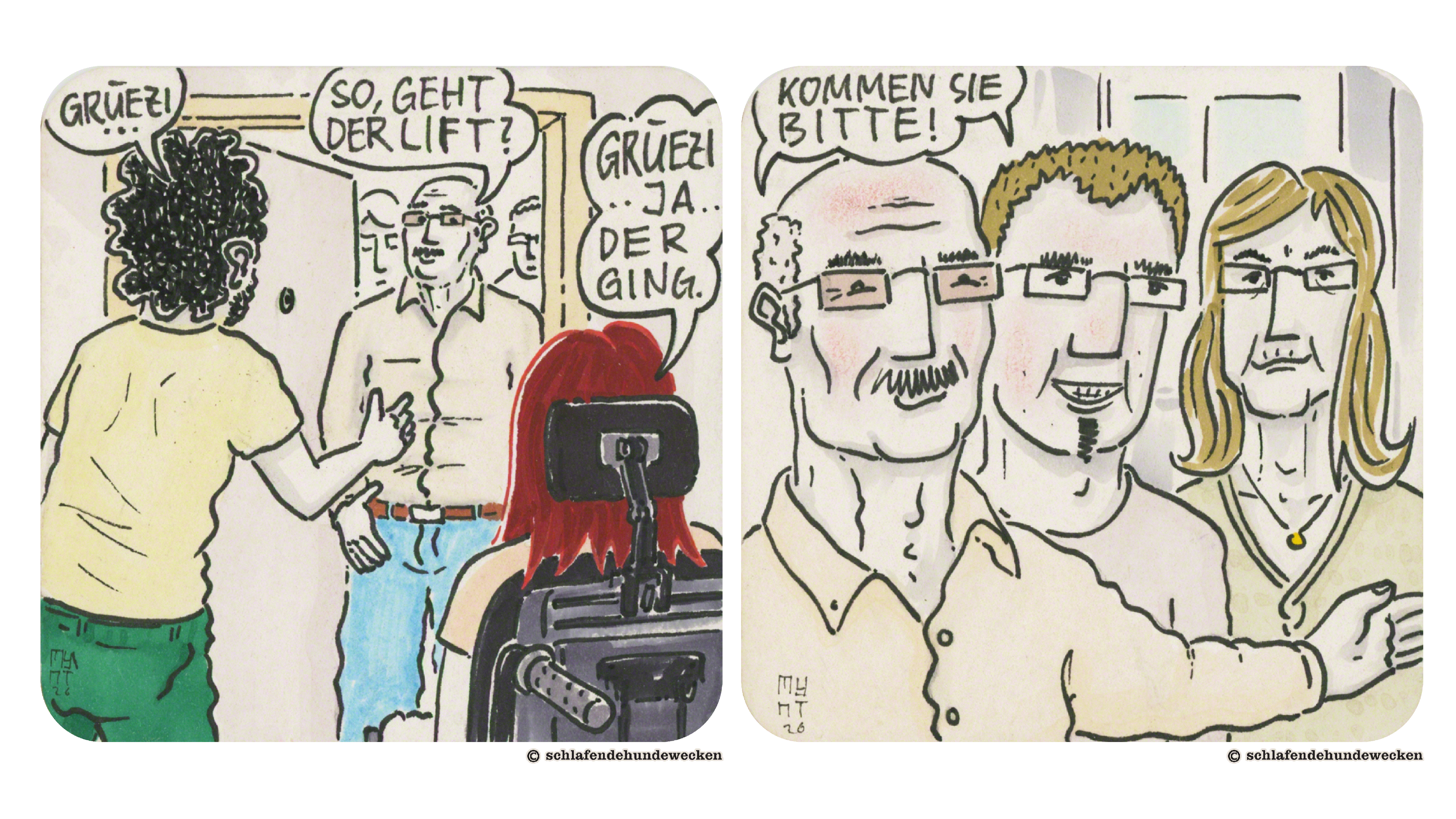 13. Ansicht auf Hinterköpfe von Jasmin und Valentin. Sie sind im Flur. Der Vermieter steht im Türrahmen. Er hat einen Schnauz, trägt ein Hemd, eine eckige Brille und hat die Daumen in der Gürtelschlaufe eingehängt. Dahinter sind die Umrisse der Frau und dem Sohn. Valentin grüsst mit «Grüezi.» Der Vermieter fragt: «So, geht der Lift?» Jasmin bestätigt, dass er ging. 14. Nahansicht der Familie. Alle tragen eine eckige Brille. Der Sohn lächelt verlegen. Die Frau sieht streng aus. Der Sohn und der Vermieter sagen: «Kommen Sie bitte!» Der Vermieter macht mit der linken Hand eine einladende Geste.