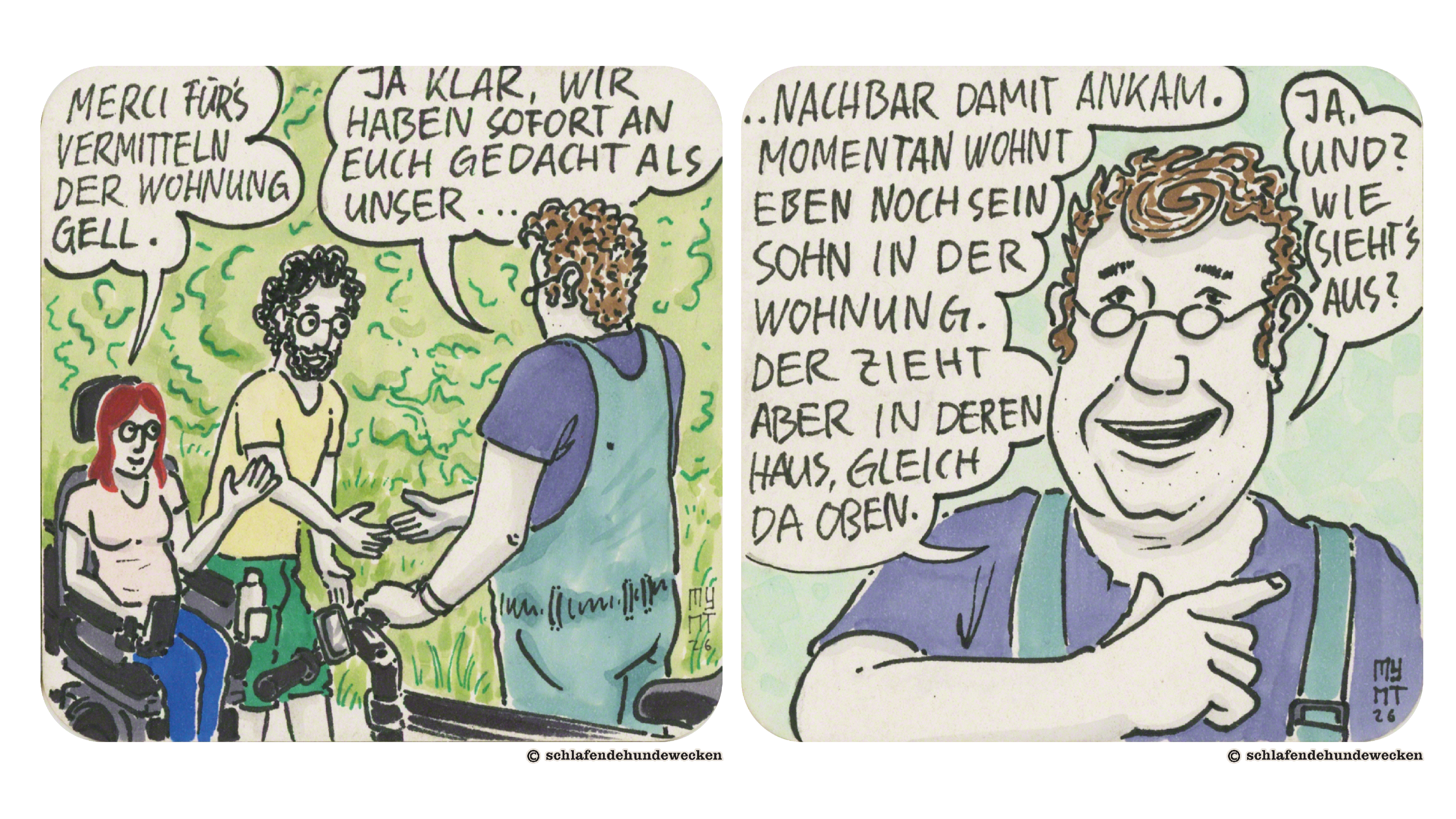 7. Valentin und Urs begrüssen sich, indem sie die Hände schütteln. Währenddessen sagt Jasmin: «Merci fürs Vermitteln der Wohnung gell.» Urs antwortet: «Ja klar, wir haben sofort an euch gedacht als unser…» 8. Nahansicht von Urs. Er trägt eine Latzhose, wie sie Arbeiter oft tragen, ein blaues T-Shirt und eine kleine runde Brille auf der Nase. Er redet weiter: «Als unser Nachbar damit ankam. Momentan wohnt eben noch sein Sohn in der Wohnung. Der Zieht aber in deren Haus, gleich da oben. Ja, und? Wie sieht’s aus?»
