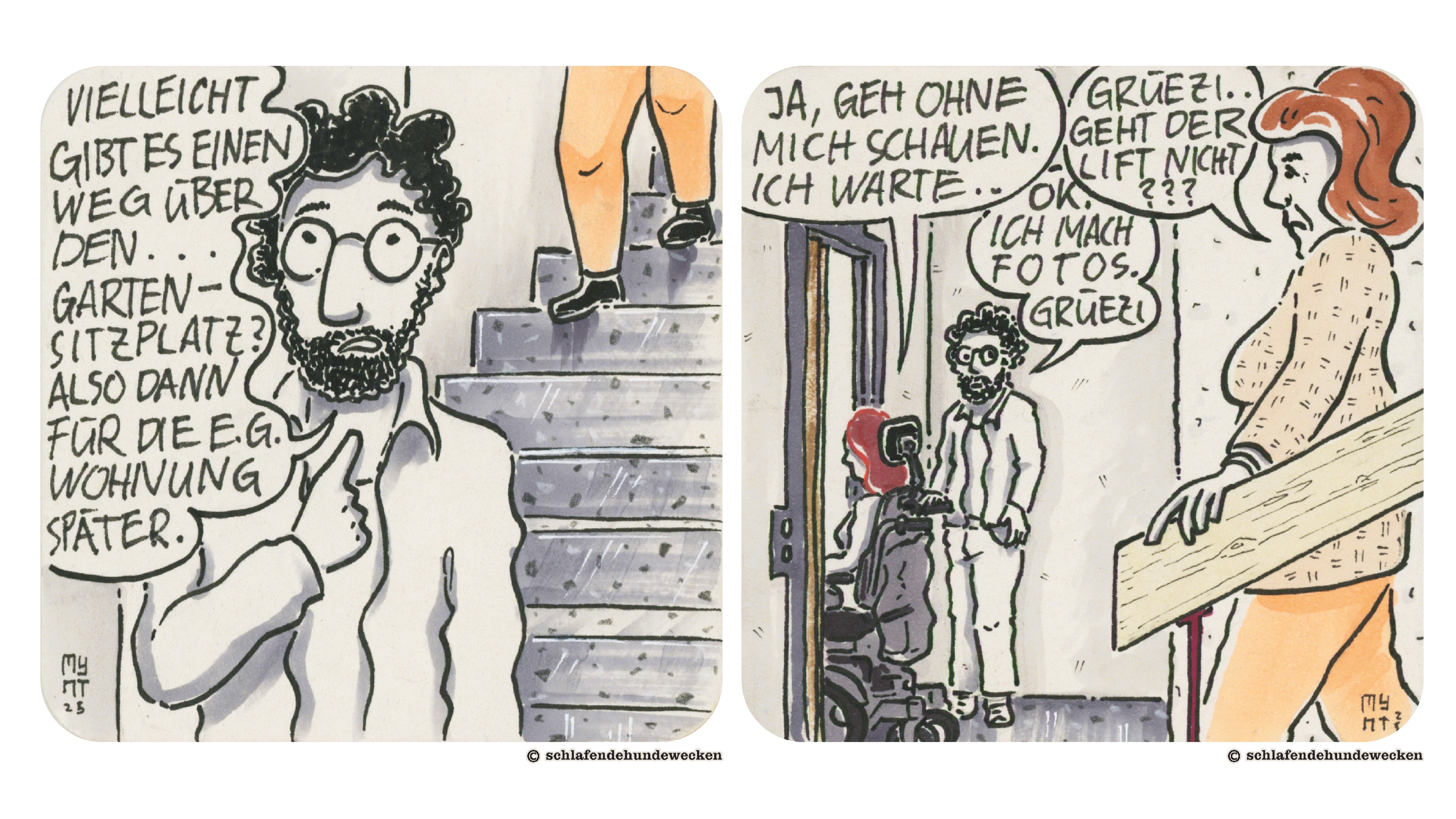 3. Valentin schlägt vor: «Vielleicht gibt es einen Weg über den Gartensitzplatz? Also dann für die EG Wohnung später.» Hinter Valentin kommt eine Person die Treppe hinuntergelaufen. 4. Jasmin ist jetzt auf der Schwelle zum Lift und sagt zu Valentin, er soll ohne sie schauen gehen. Sie wartet. Valentin sagt, er mache Fotos und grüsst eine Frau, die gerade auf der letzten Treppenstufe ist. Sie fragt: «Grüezi. Geht der Lift nicht???»