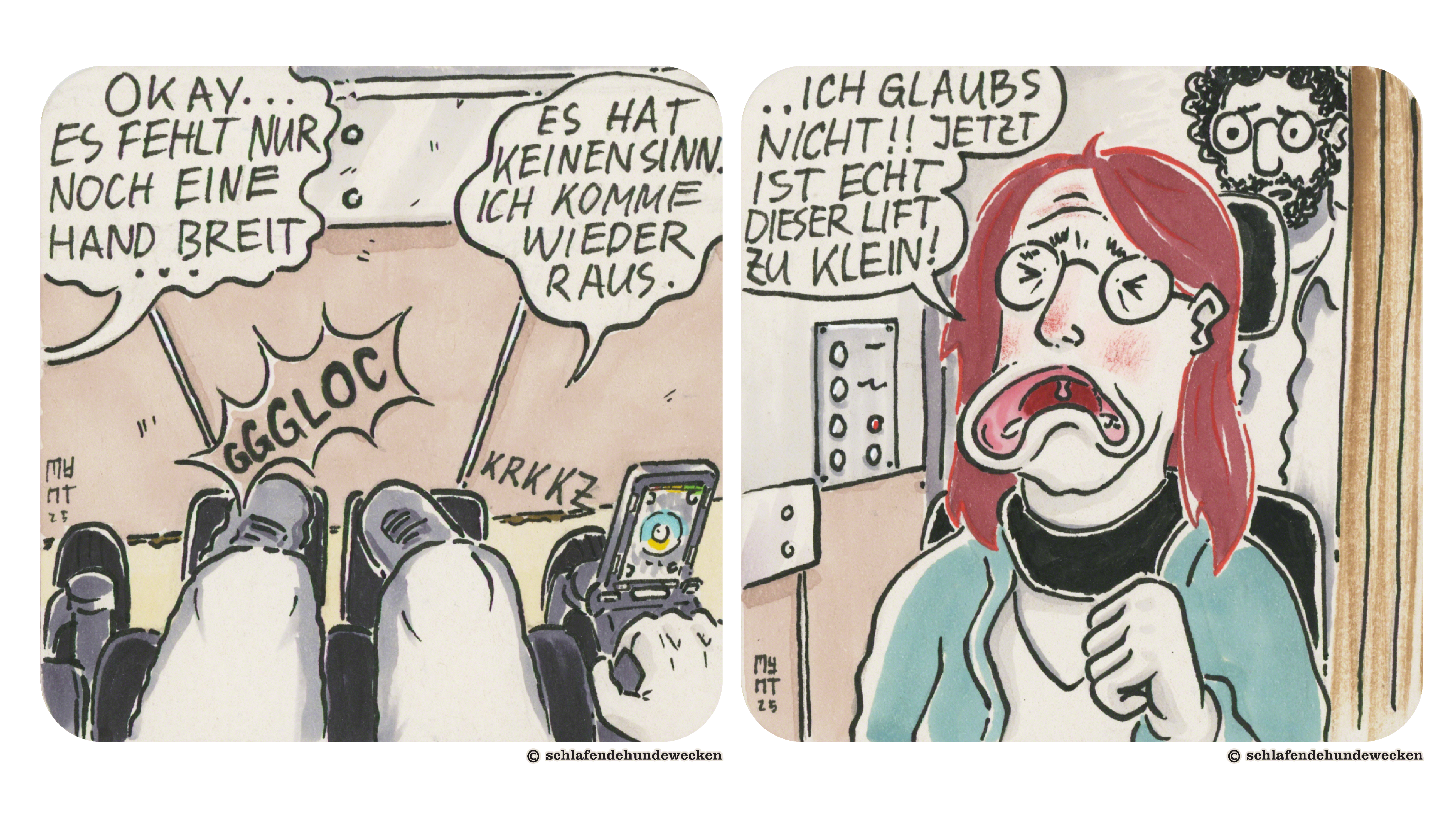 1. Comiczeichnung aus der Perspektive von Jasmin. Sie nutzt einen Rollstuhl und ist auf Wohnungssuche mit Valentin. Man sieht die Beine und Füsse von ihr in einem alten Lift. Der Schriftzug «GGGLOC» zeigt, dass es sehr eng ist. Valentin sieht man nicht. Er sagt: «Okay, es fehlt nur noch eine Hand breit.» Jasmin antwortet: «Es hat keinen Sinn. Ich komme wieder raus.» 2. Nahansicht von Jasmin im Lift. An der Tür steht Valentin. Jasmin ist wütend und traurig zugleich. Sie sagt: «Ich glaubs nicht!! Jetzt ist echt dieser Lift zu klein!»