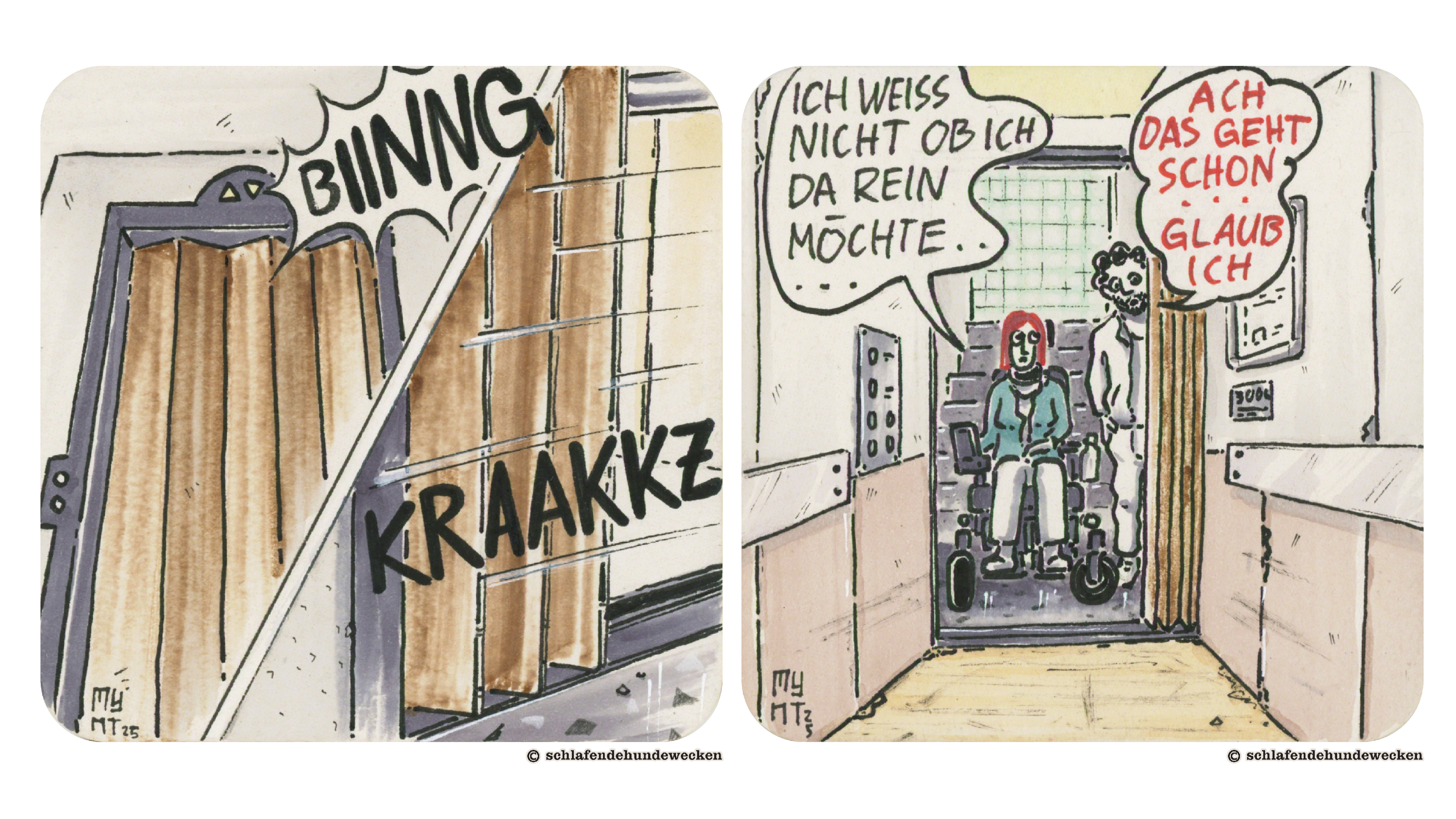 3. Nahansicht des alten Lifts mit Falttüre. Der Lift macht: «Biiinng» und beim Aufmachen die Türe «Kraaakkz». 4. Ansicht auf Jasmin und Valentin, die in den Lift schauen. Jasmin sagt skeptisch: «Ich weiss nicht, ob ich da rein möchte.» Valentin antwortet: «Ach, das geht schon. Glaub ich.»