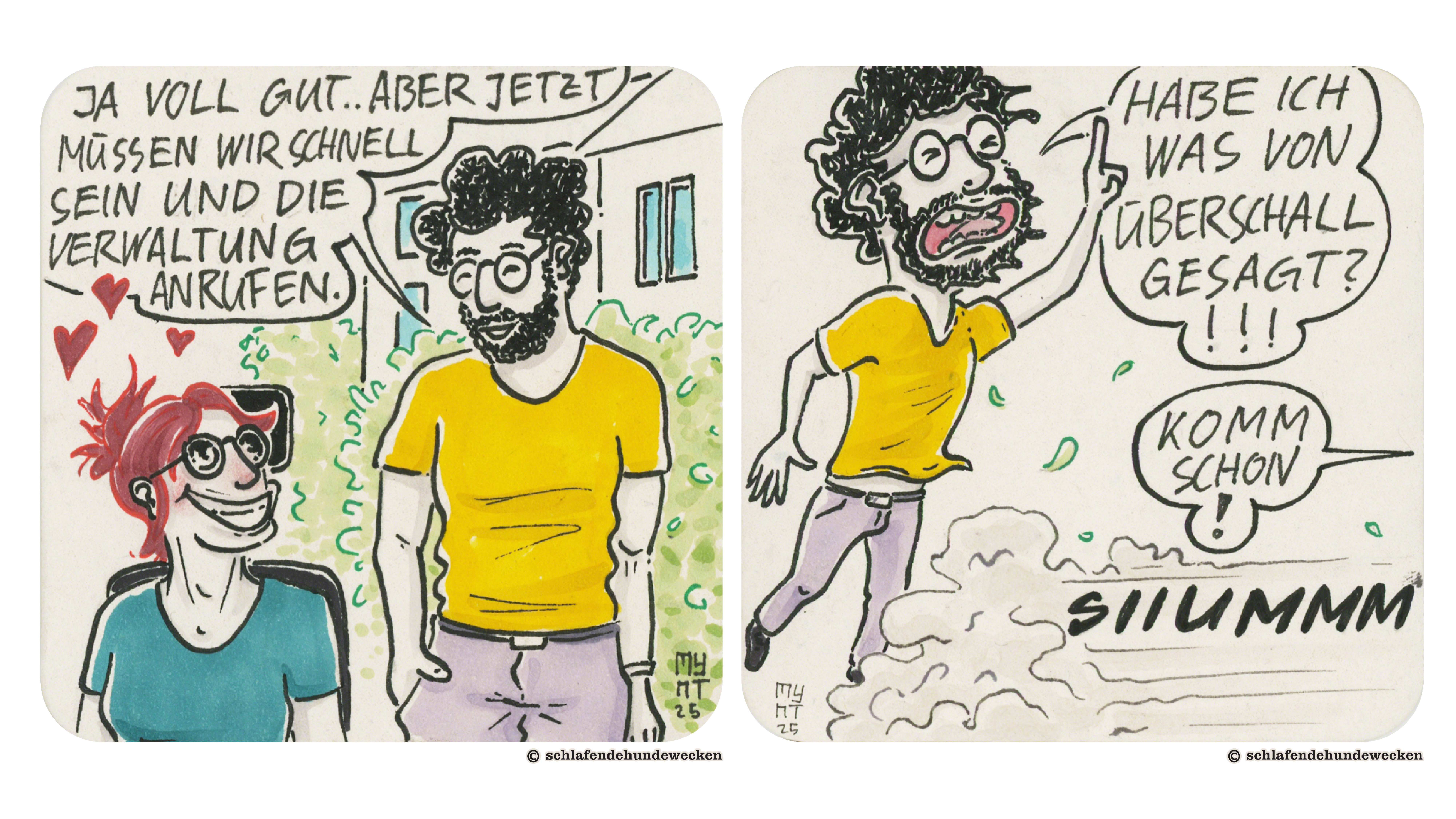 3.	Jasmin schaut Valentin mit grossem Augen und breitem Grinsen an.  Über ihrem Kopf sind drei Herzen zu sehen. Valentin sagt zu Jasmin glücklich: «Ja voll gut. Aber jetzt müssen wir schnell sein und die Verwaltung anrufen.» 4.	Jasmin düst mit ihrem Rollstuhl davon und hinterlässt eine Staubwolke. Und ein Schrifzug: «Siiummm.» Jasmin ruft: «Komm schon!» Valentin ruft hintennach: «Habe ich was von Überschall gesagt?!!!»