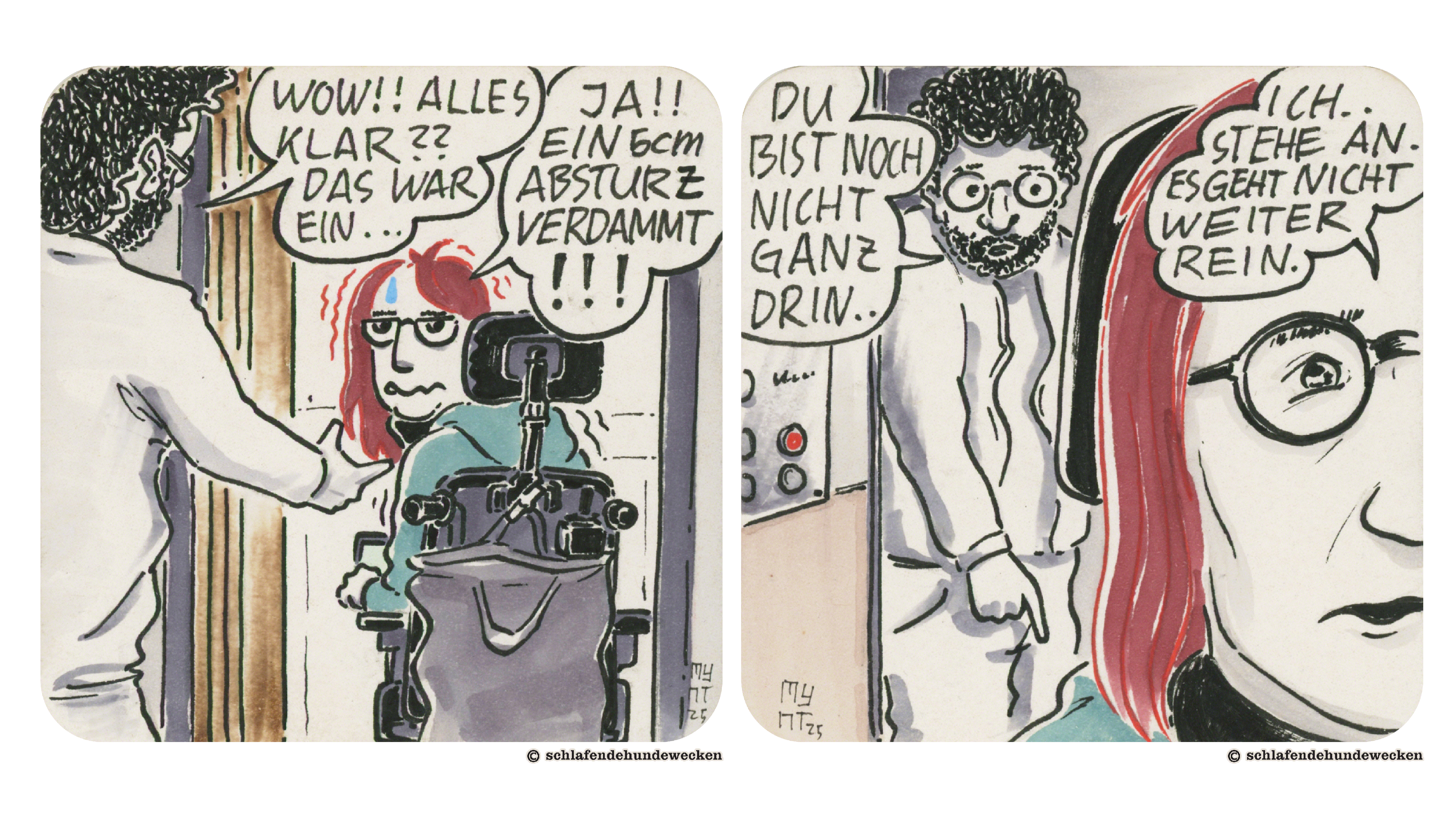 7. Valentin fragt: «Wow!! Alles klar?? Das war ein…» Jasmin antwortet mit Schweisstropfen auf der Stirn vor Angst: «Ja!! Ein fünf Zentimeter Absturz verdammt!» 8. Valentin merkt an, dass Jasmin noch nicht ganz drin ist. Jasmin antwortet, sie stehe an, es geht nicht weiter rein.