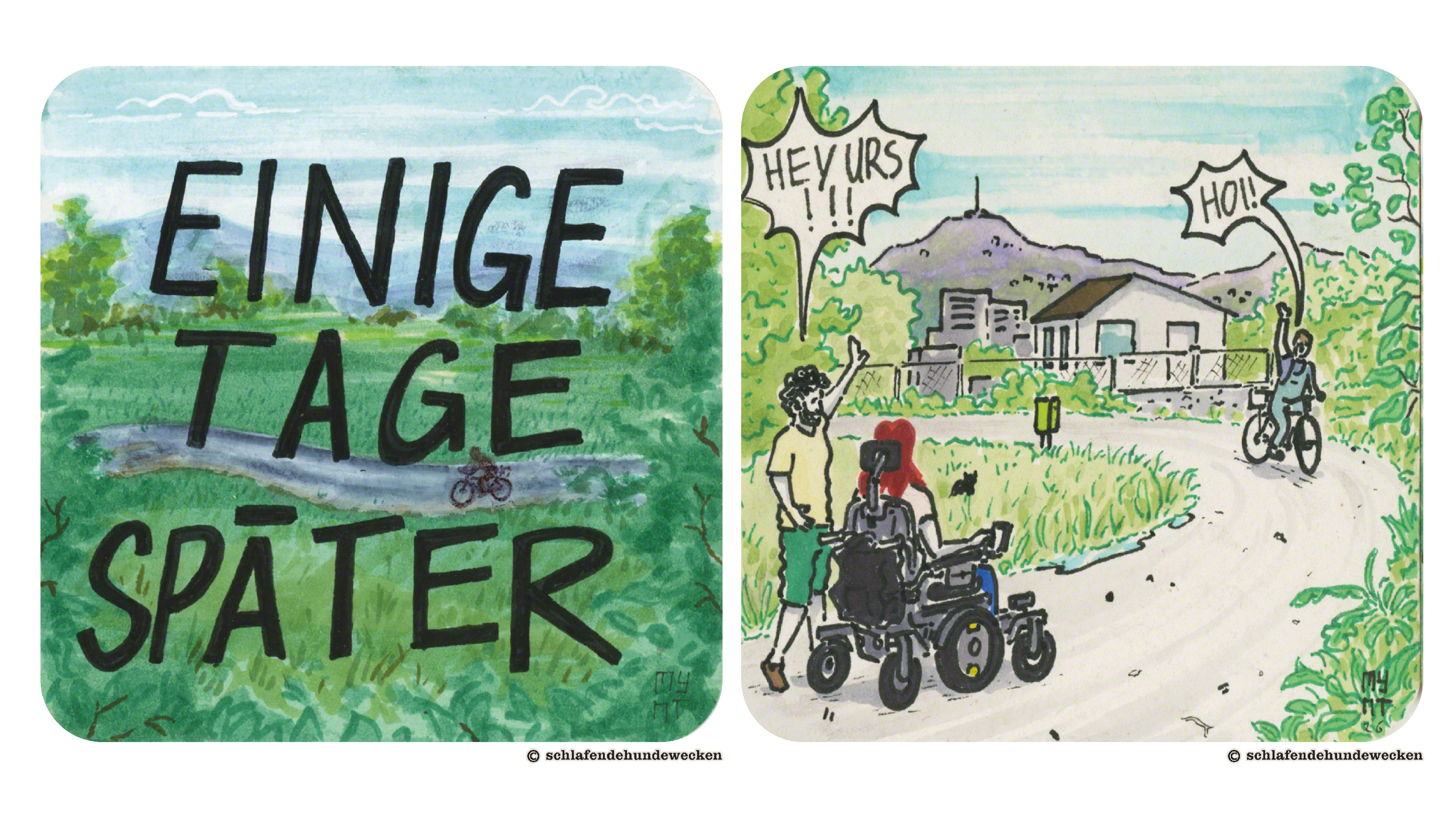 5. Grüne Landschaft mit einem Feldweg und einem Velo. In grosser schwarzer Schrift steht: «Einige Tage später.» 6. Valentin und Jasmin sind auf dem Feldweg. Jasmin nutzt einen Rollstuhl. Ein Velofahrer kommt entgegen. Valentin ruft: «Hey Urs.» Urs grüsst mit «Hoi!» zurück. Die beiden winken sich zu.