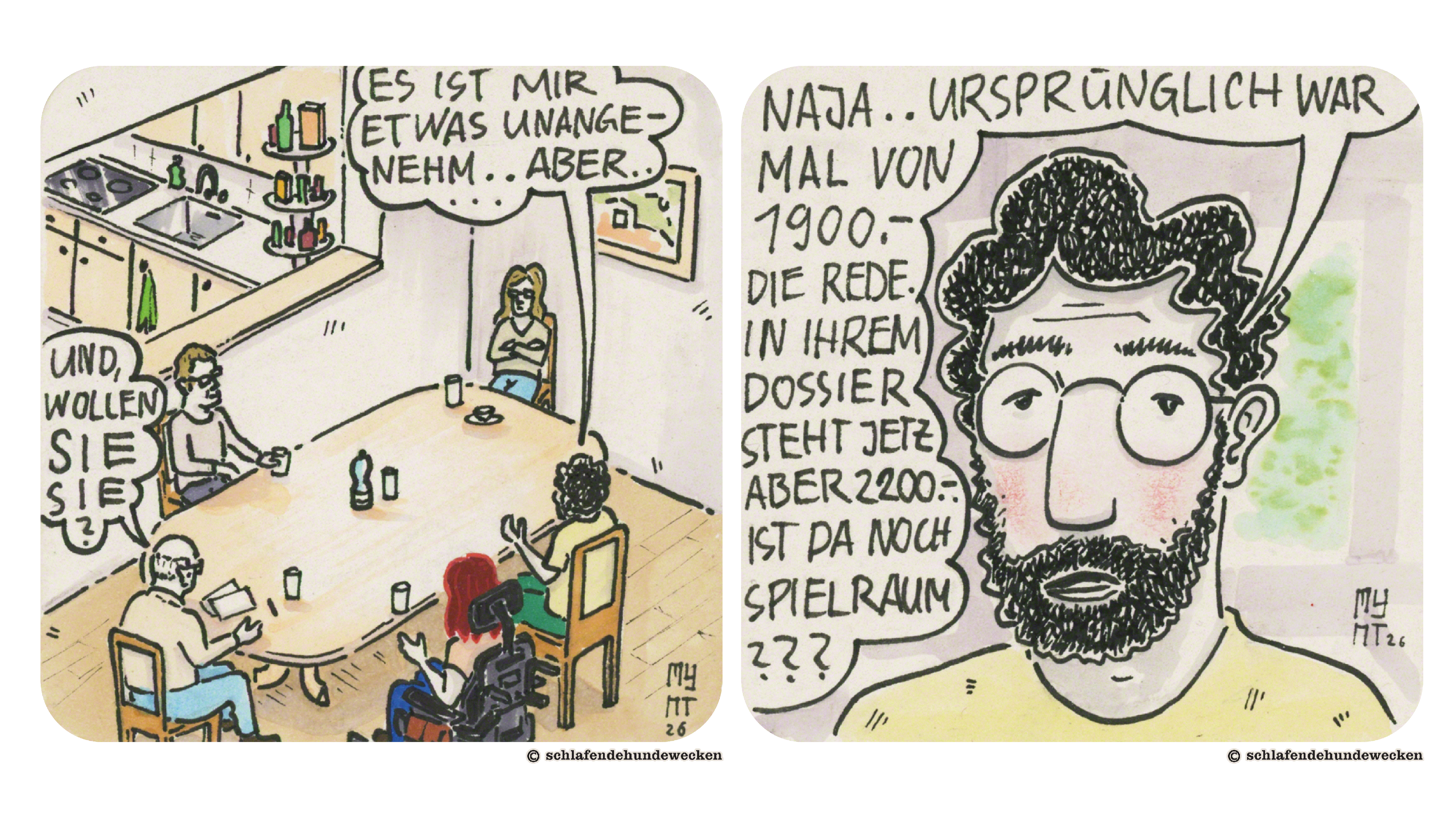 21. Ansicht von oben: Alle Beteiligten sitzen am Tisch. Der Vermieter fragt, ob sie die Wohnung wollen. Valentin sagt, es ist ihm etwas unangenehm, aber.» 22. Nahansicht von Valentin, seine Wangen sind rot angelaufen. Er spricht weiter: «Naja, ursprünglich war mal von 1900.- die Rede. In ihrem Dossier steht jetzt aber 2200.- Ist da noch Spielraum?»