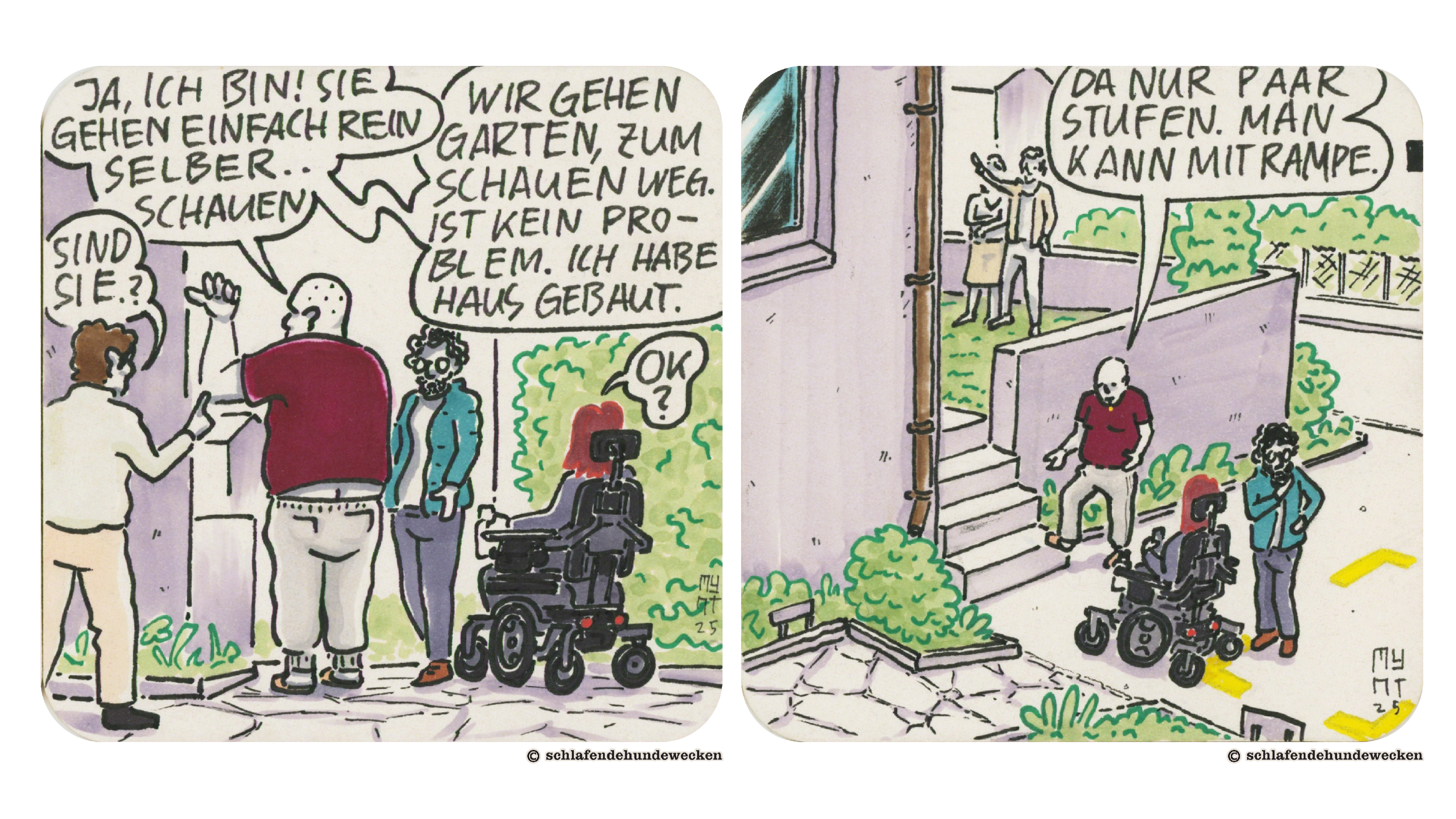 7. Ein weiterer Mann kommt zur Wohnung hinausgelaufen zu den dreien und fragt: «Sind sie?» Der Mann im roten T-Shirt sagt schroff: «Ja, ich bin! Sie gehen einfach rein selber schauen, wir gehen Garten, zum Schauen weg. Ist kein Problem. Ich habe Haus gebaut.» Jasmin sagt verwirrt: «Ok?» 8. Ansicht des Aussenbereiches des Wohnblockes. Eine steile Treppe ist sichtbar. Der Verwalter sagt: «Da nur paar Stufen. Man kann mit Rampe.»