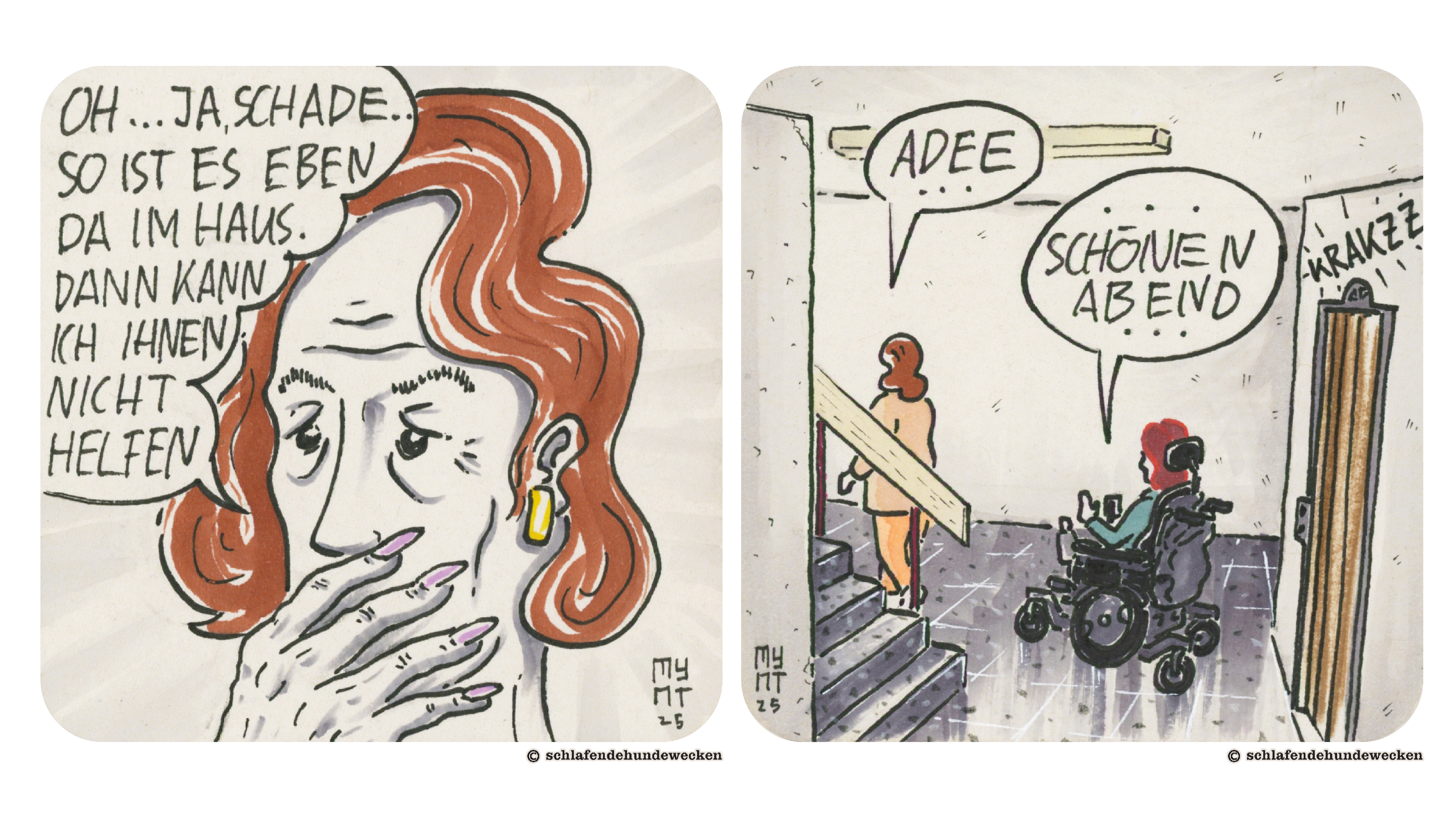 9. Die Frau schlägt die Hand vor den Mund und meint: «Oh, ja, schade. So ist es eben da im Haus. Dann kann ich Ihnen nicht helfen.» 10. Die Frau läuft davon und sagt Adee. Jasmin wünscht ihr einen schönen Abend. Der Lift macht immer noch «Krakzz»-Geräusche.