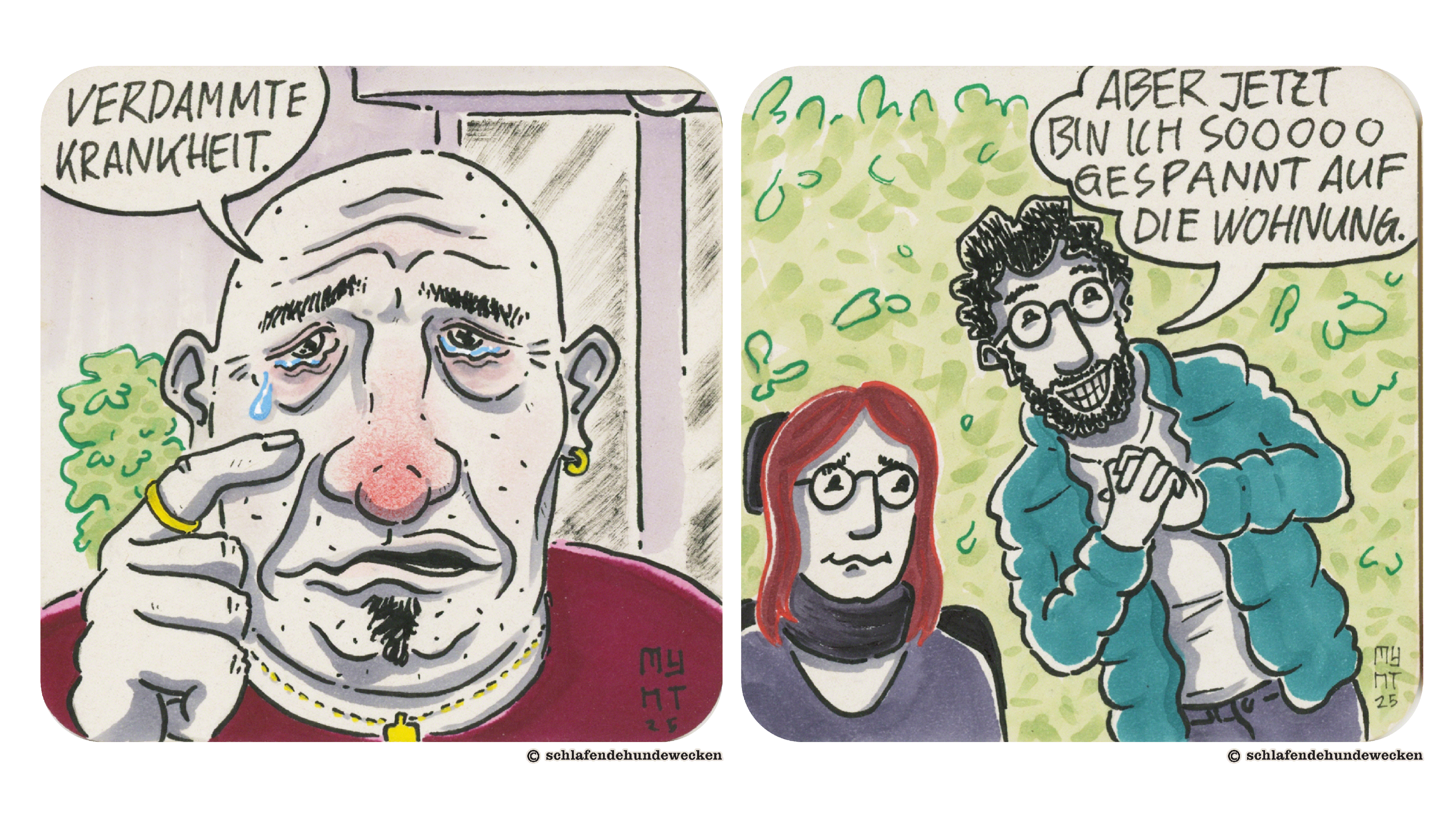 1. Nahansicht des Mannes. Er hat Tränenwasser in den Augen. Eine Träne kullert ihm aus dem Augenwinkel. Er sagt: «Verdammte Krankheit.» 2. Jasmin ist es offensichtlich unwohl und sie weiss nicht mehr was sagen. Mit einem aufgesetzten Grinsen sagt Valentin: «Aber jetzt bin ich soooo gespannt auf die Wohnung.»