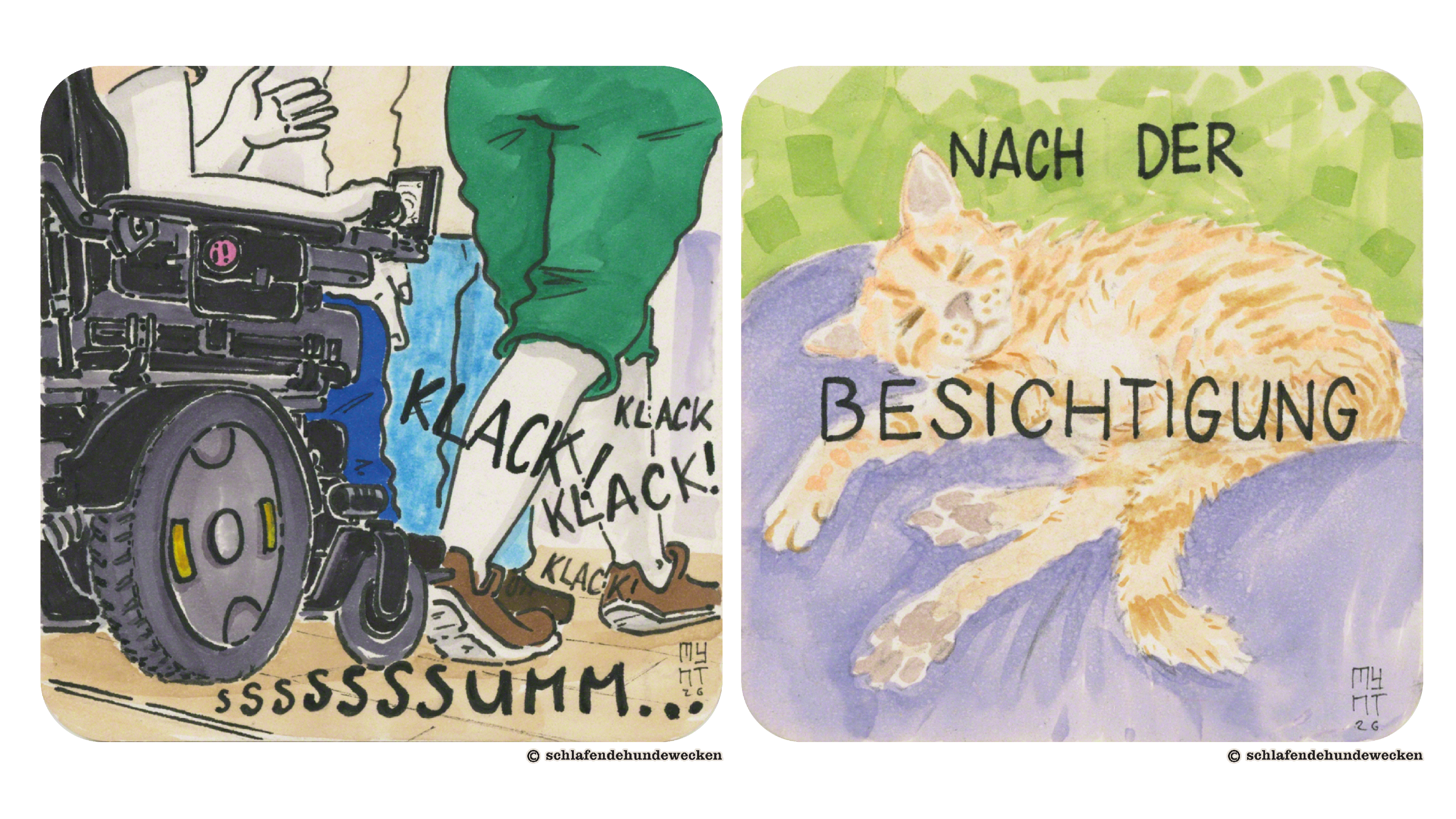 19. Nahansicht auf den Rollstuhl und die Füsse. Wenn Valentin läuft, dann macht es «Klack! Klack! Klack», Wenn Jasmin fährt, dann «ssssumm». 20. Zeichnung einer schlafenden Katze. In schwarzer Schrift: «Nach der Besichtigung»