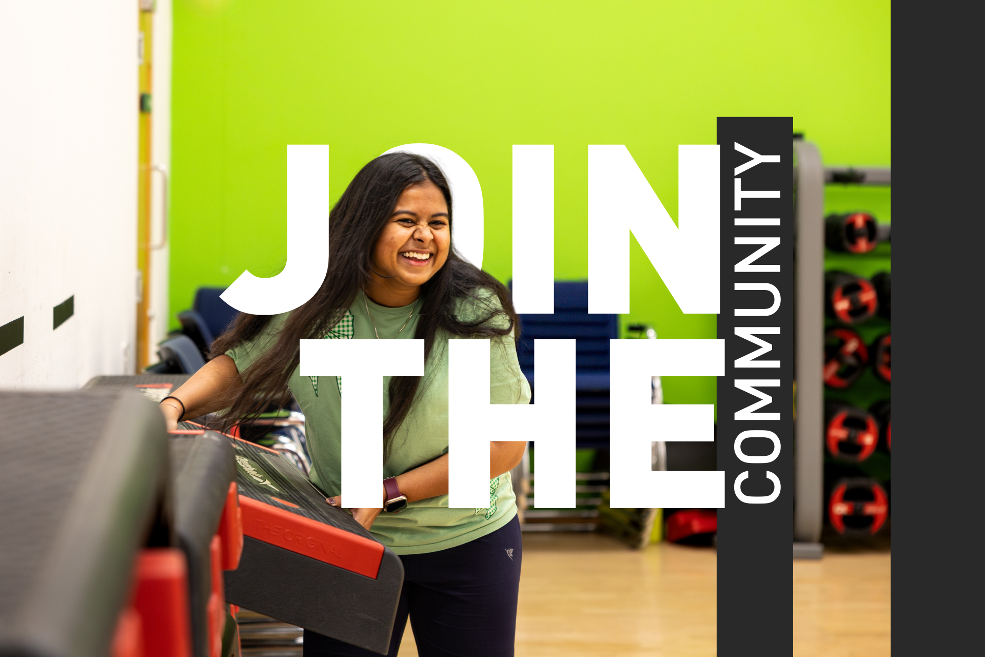 Join the community artwork featuring girl collecting aerobic step and smiling.