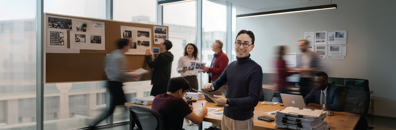 Das Bild zeigt eine geschäftige Redaktion im Hintergrund und einen lächelnden Redakteur im Vordergrund