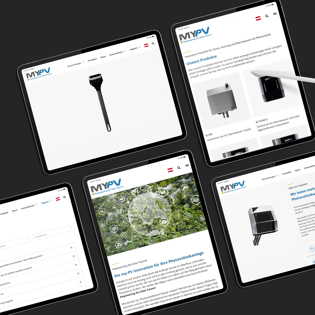 Es wird die Webseite des Unternehmens MYPV auf verschiedenen Bildschirmen gezeigt.