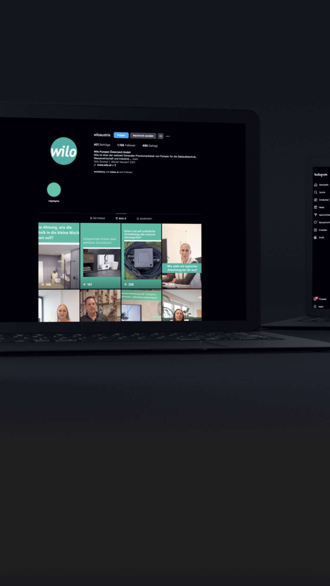 Bildschirme zeigen das Social Media Profil von Wilo.