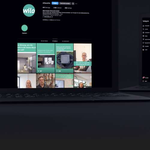 Bildschirme zeigen das Social Media Profil von Wilo.