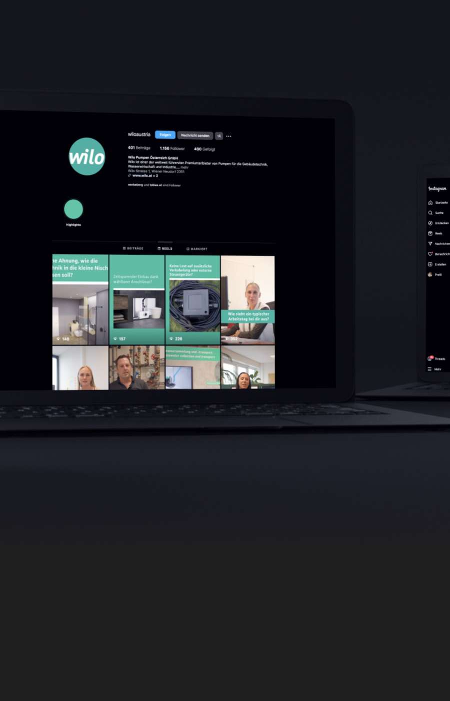 Bildschirme zeigen das Social Media Profil von Wilo.