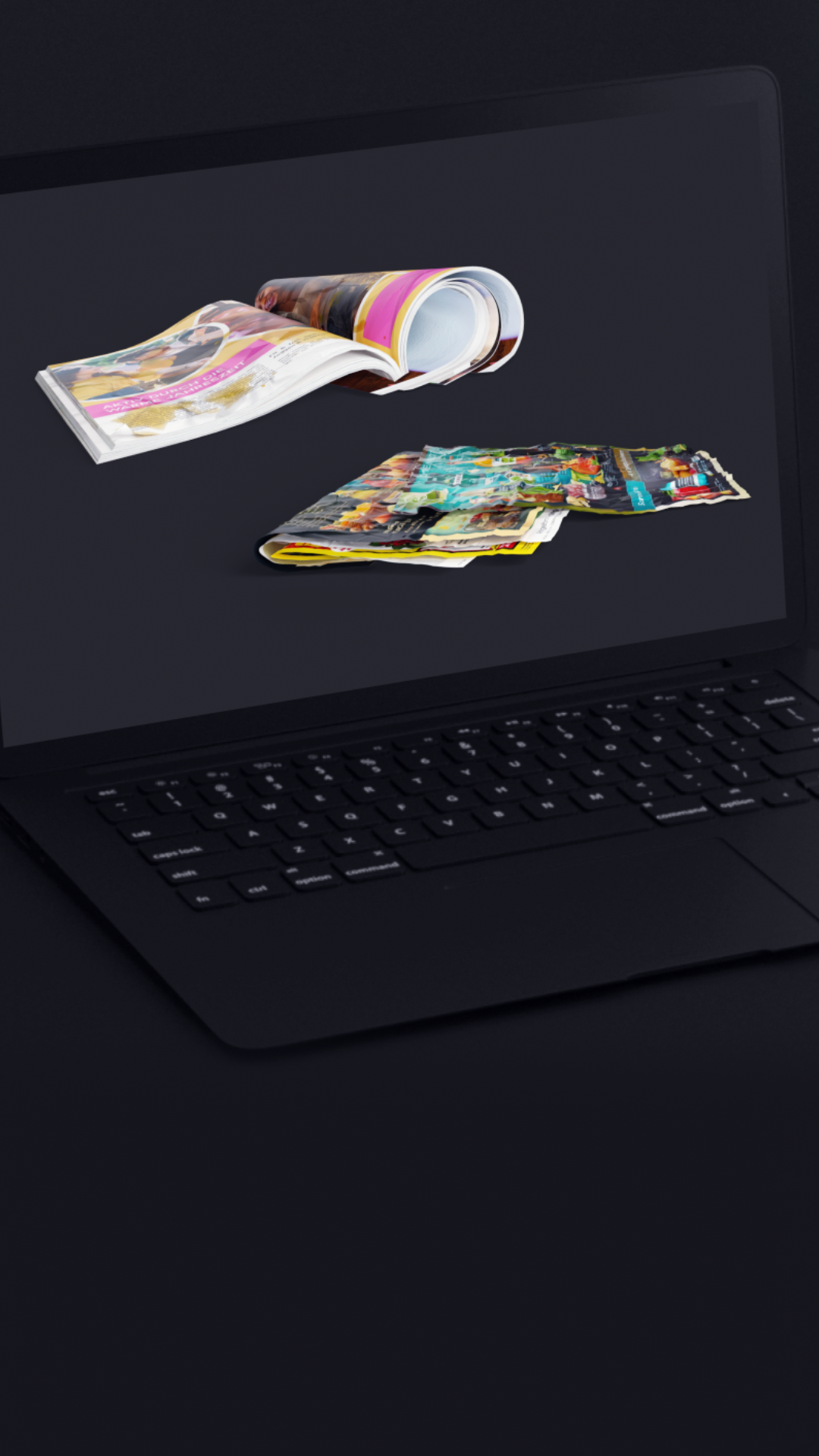 A laptop displays images of colorful magazines, one rolled and others open, against a dark background.