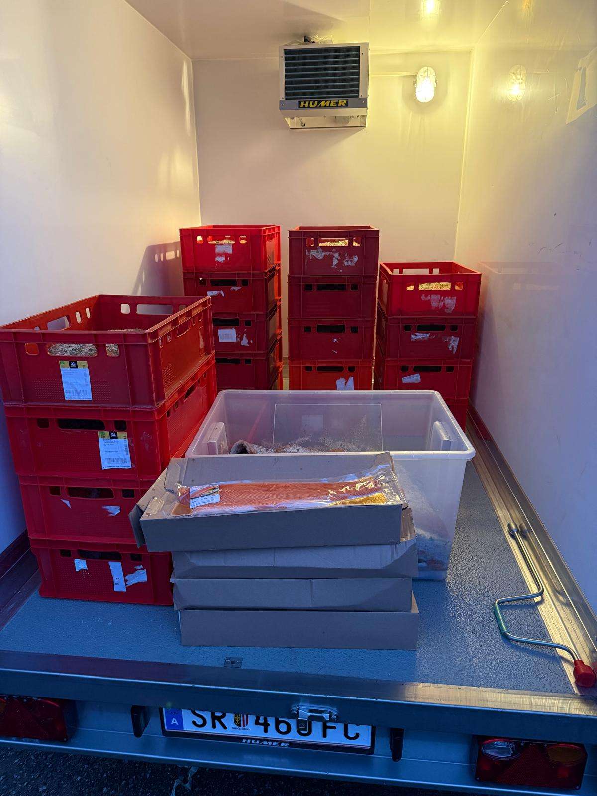Innenraum eines Lieferwagens mit roten Kisten, Kartonverpackungen und einer durchsichtigen Plastikbox, beleuchtet von Lampen an der Decke.
