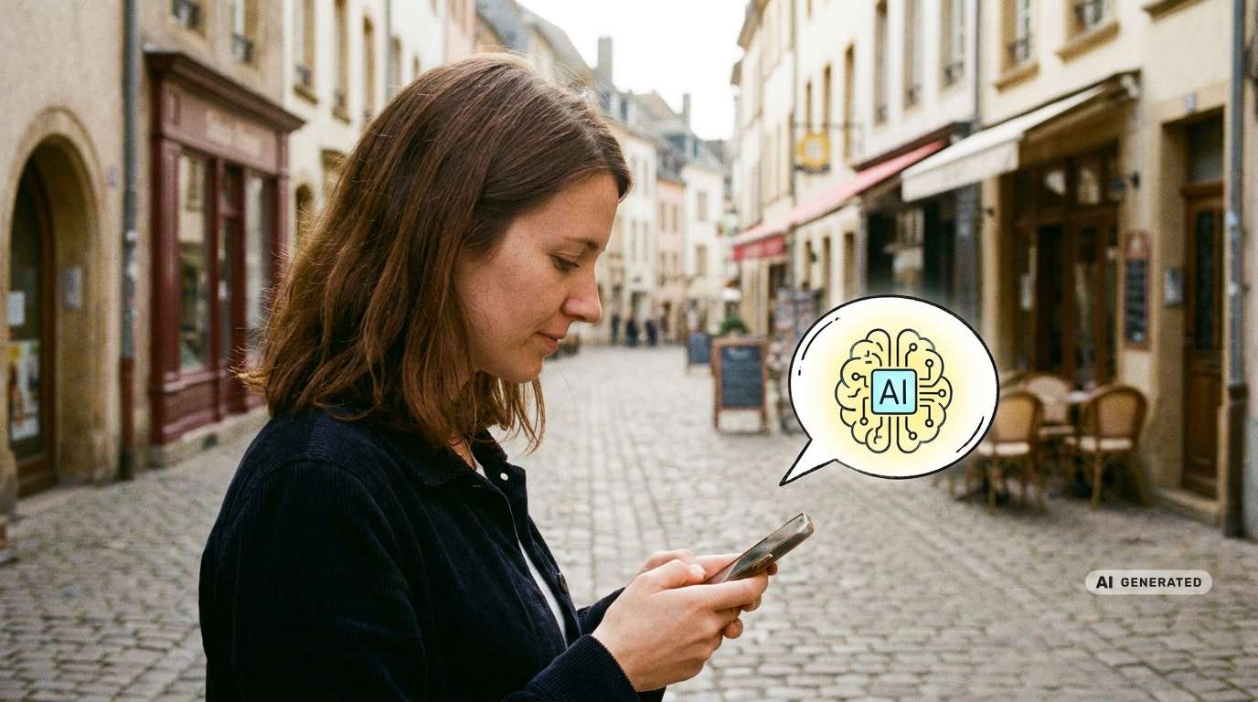 Frau mit braunem Haar blickt auf ihr Handy mit AI-Sprechblase in Altstadtstraße.