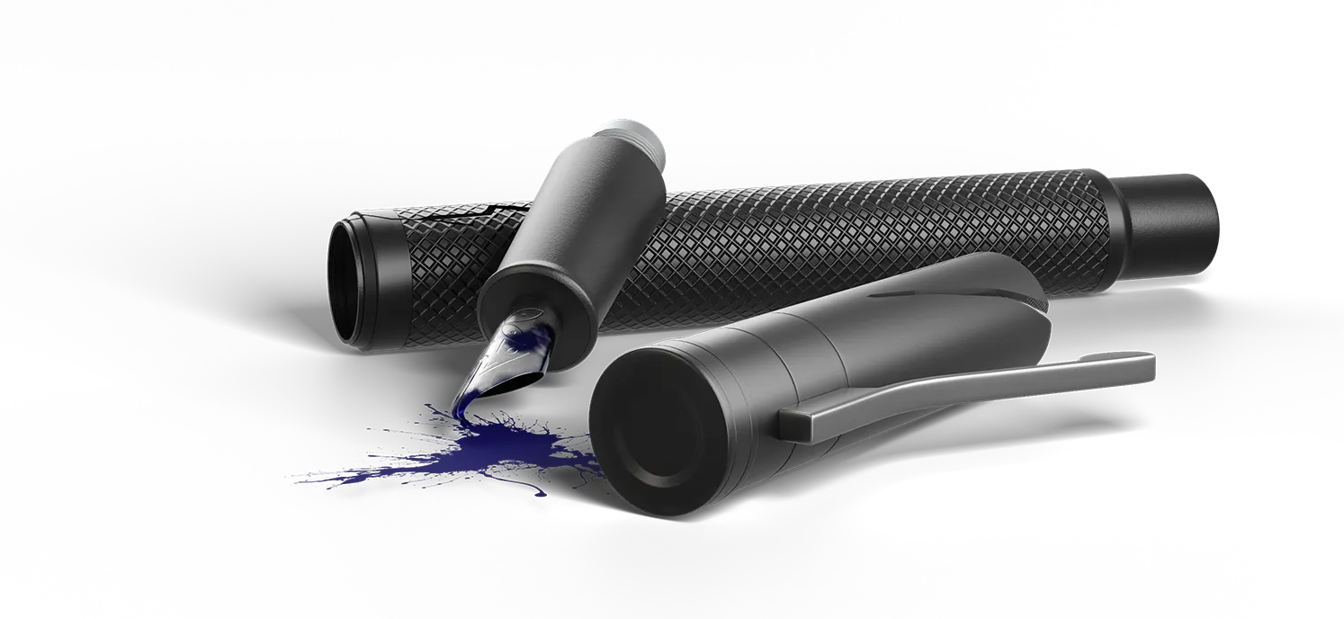 A disassembled black fountain pen with a textured grip, ink spill, and cap, displayed on a black background.