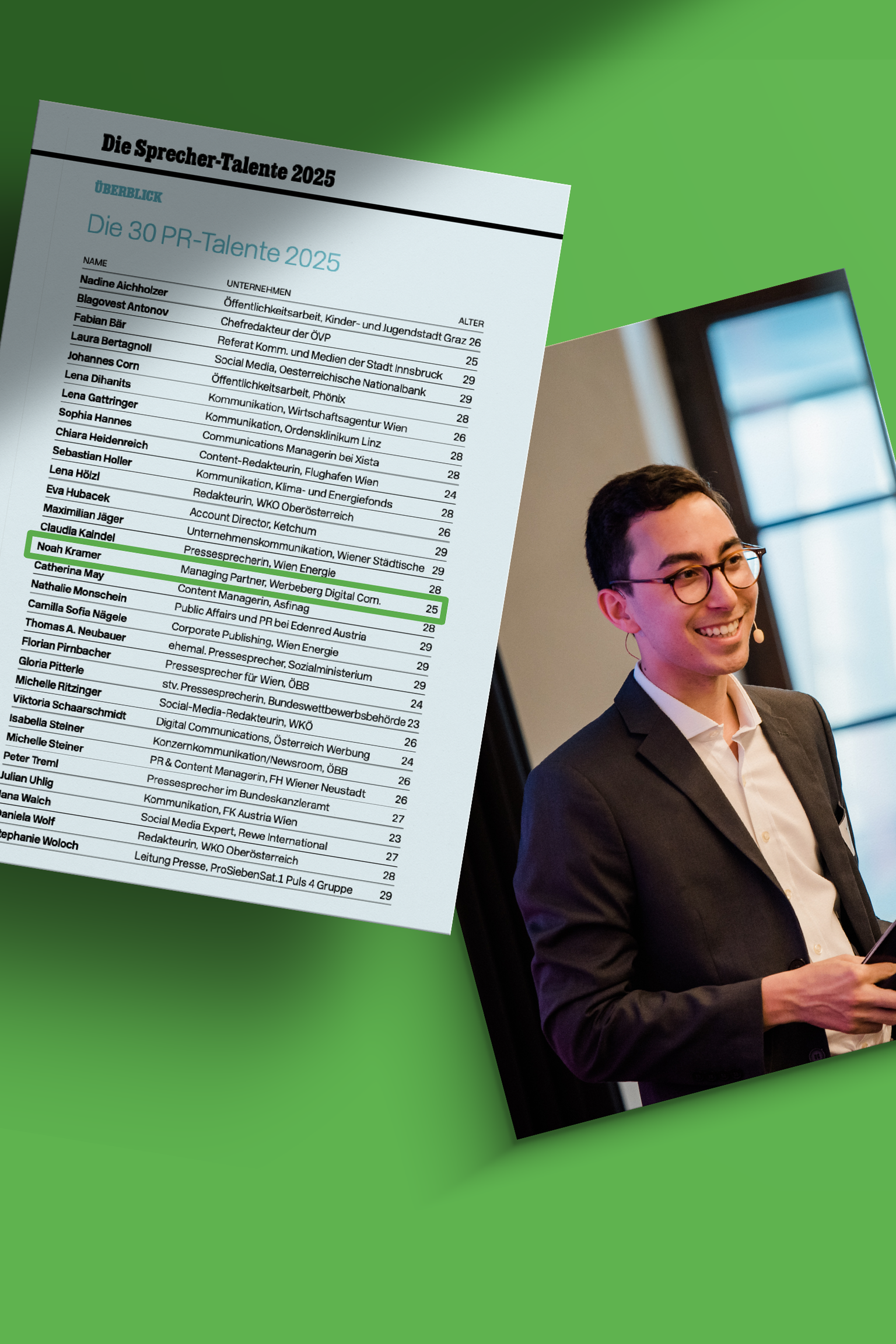 Bild von Noah Kramer und dem Ausschnitt aus den PR-Talenten 2025 auf grünem Hintergrund.