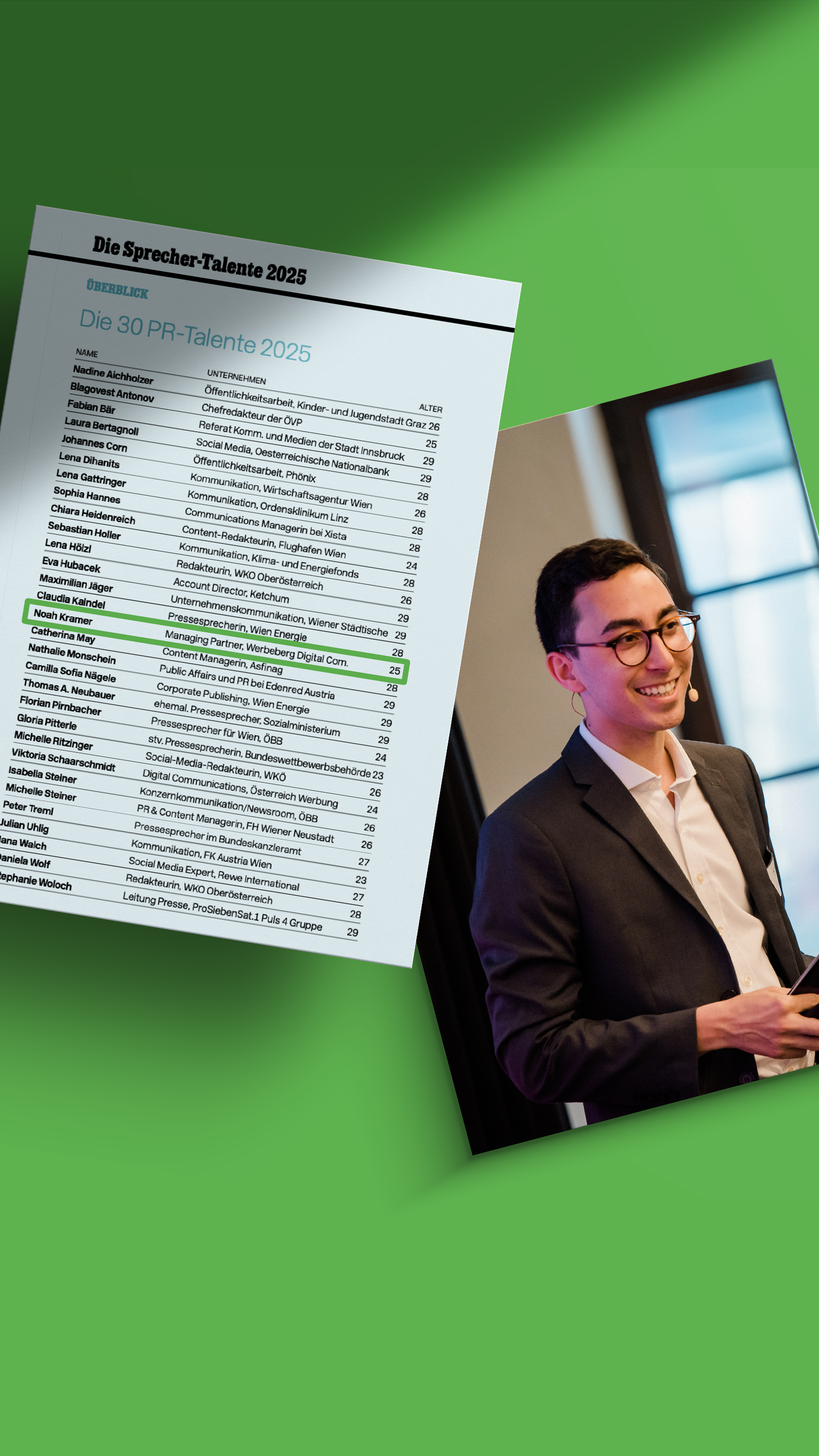 Bild von Noah Kramer und dem Ausschnitt aus den PR-Talenten 2025 auf grünem Hintergrund.